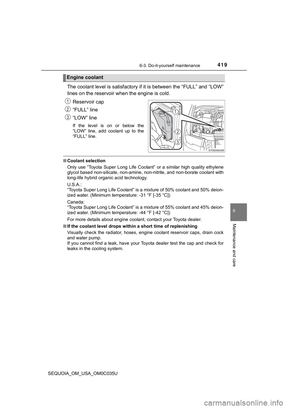 TOYOTA SEQUOIA 2021  Owners Manual (in English) 4196-3. Do-it-yourself maintenance
6
Maintenance and care
SEQUOIA_OM_USA_OM0C035U
The coolant level is satisfactory if it is between the “FULL” a nd “LOW”
lines on the reservoir wh en the engi