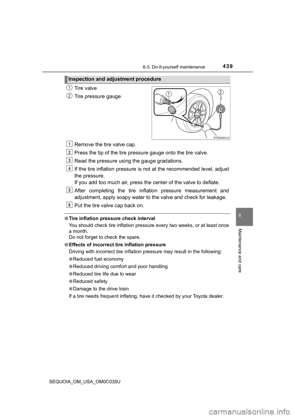 TOYOTA SEQUOIA 2021 Owners Manual (in English) 4396-3. Do-it-yourself maintenance
6
Maintenance and care
SEQUOIA_OM_USA_OM0C035U
Tire valve
Tire pressure gauge
Remove the tire valve cap.
Press the tip of the tire pressure gauge onto the tire valve TOYOTA SEQUOIA 2021 Owners Manual (in English) 4396-3. Do-it-yourself maintenance
6
Maintenance and care
SEQUOIA_OM_USA_OM0C035U
Tire valve
Tire pressure gauge
Remove the tire valve cap.
Press the tip of the tire pressure gauge onto the tire valve