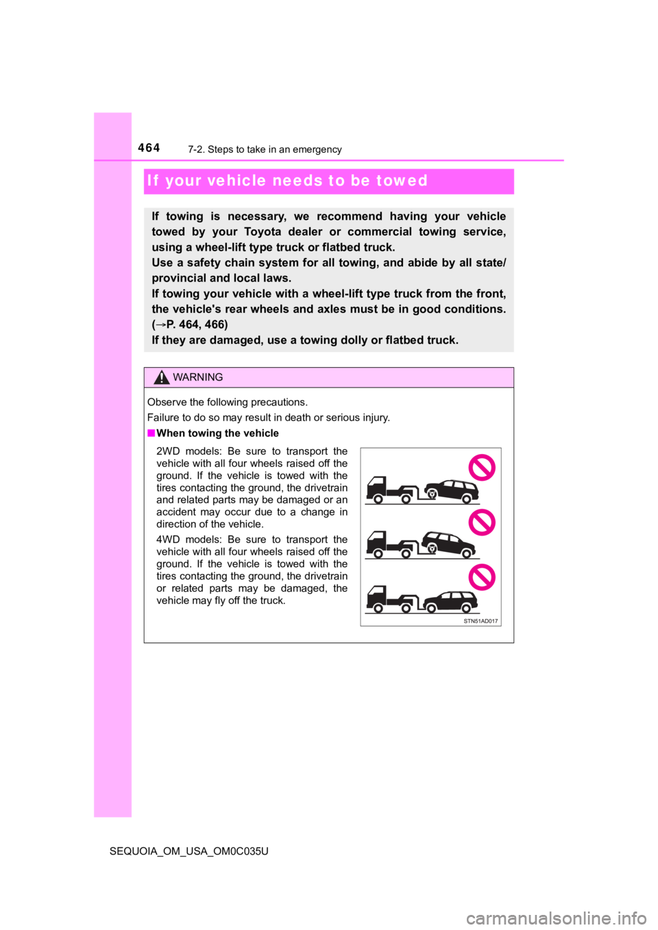 TOYOTA SEQUOIA 2021 Owners Manual (in English) 4647-2. Steps to take in an emergency
SEQUOIA_OM_USA_OM0C035U
If your vehicle needs to be towed
If towing is necessary, we recommend having your vehicle
towed by your Toyota dealer or c TOYOTA SEQUOIA 2021 Owners Manual (in English) 4647-2. Steps to take in an emergency
SEQUOIA_OM_USA_OM0C035U
If your vehicle needs to be towed
If towing is necessary, we recommend having your vehicle
towed by your Toyota dealer or c