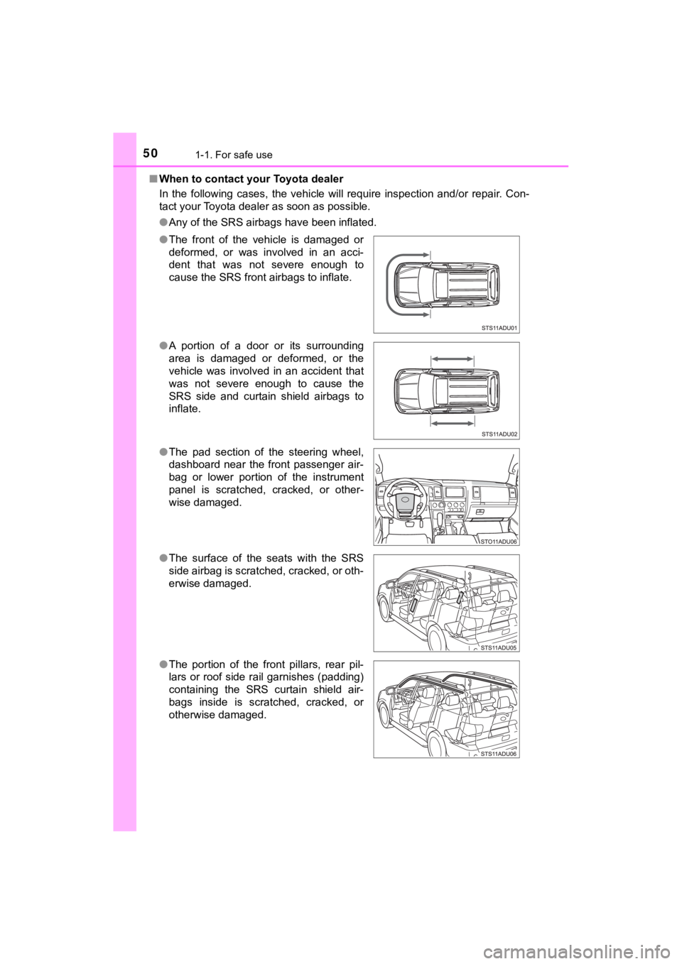 TOYOTA SEQUOIA 2021 Owners Manual (in English) 501-1. For safe use
SEQUOIA_OM_USA_OM0C035U■
When to contact your Toyota dealer
In the following cases, the vehicle will require inspection and/or repair. Con-
tact your Toyota dealer as TOYOTA SEQUOIA 2021 Owners Manual (in English) 501-1. For safe use
SEQUOIA_OM_USA_OM0C035U■
When to contact your Toyota dealer
In the following cases, the vehicle will require inspection and/or repair. Con-
tact your Toyota dealer as