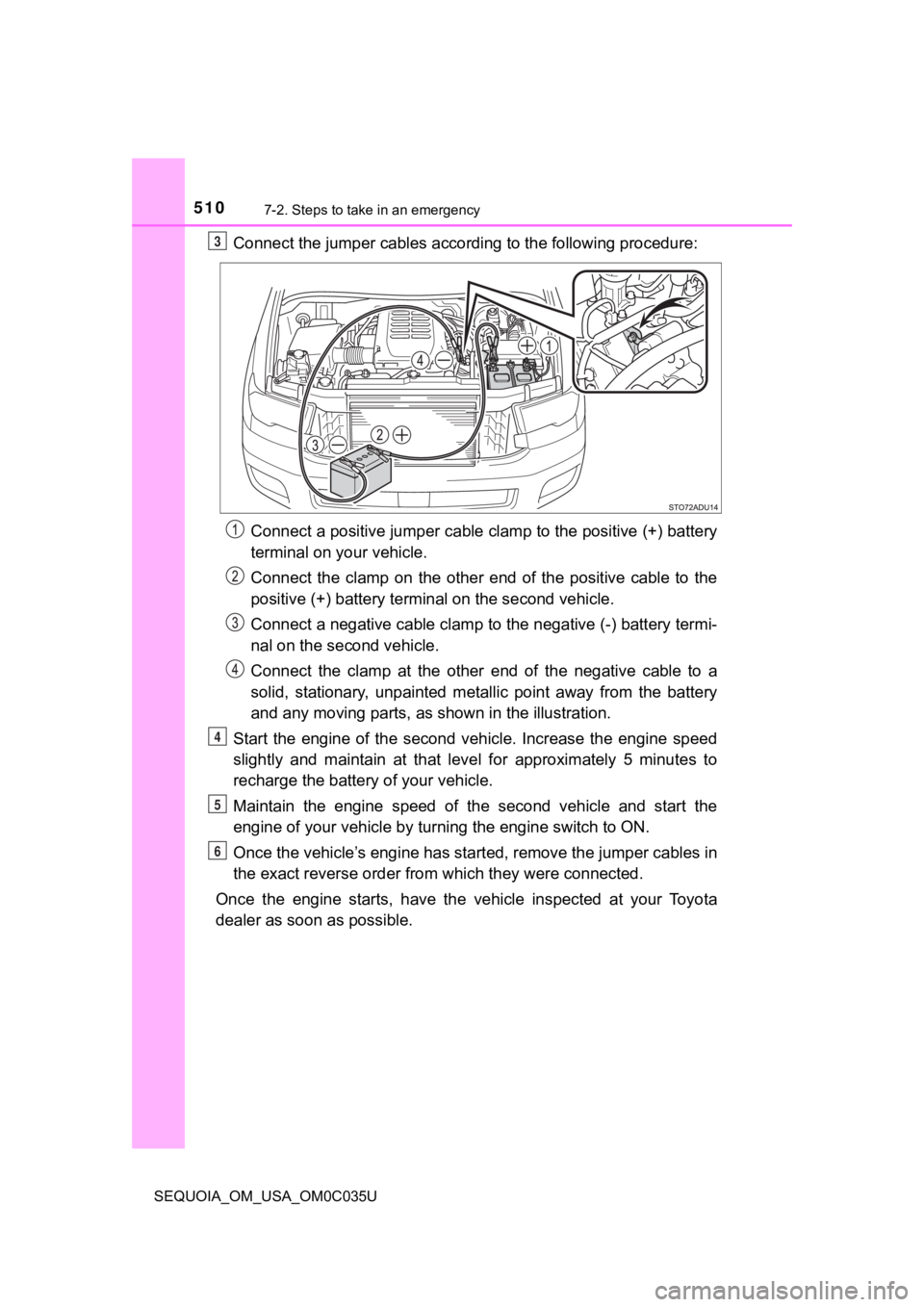 TOYOTA SEQUOIA 2021 Owners Manual (in English) 5107-2. Steps to take in an emergency
SEQUOIA_OM_USA_OM0C035U
Connect the jumper cables according to the following procedure:Connect a positive jumper cable clamp to the positive (+) batte ry
terminal TOYOTA SEQUOIA 2021 Owners Manual (in English) 5107-2. Steps to take in an emergency
SEQUOIA_OM_USA_OM0C035U
Connect the jumper cables according to the following procedure:Connect a positive jumper cable clamp to the positive (+) batte ry
terminal