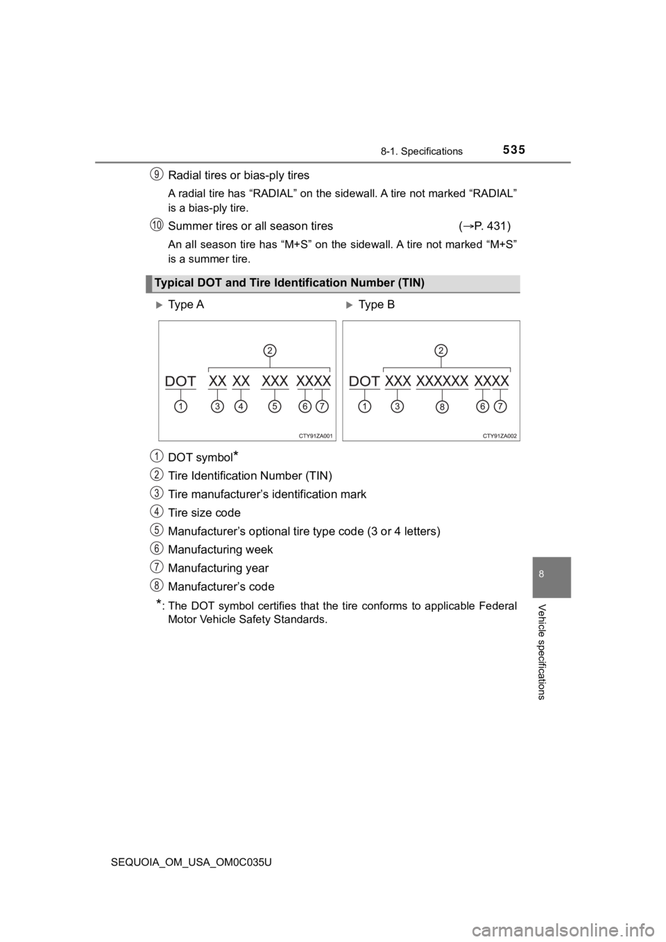 TOYOTA SEQUOIA 2021 Owners Manual (in English) 5358-1. Specifications
8
Vehicle specifications
SEQUOIA_OM_USA_OM0C035U
Radial tires or bias-ply tires
A radial tire has “RADIAL” on the sidewall. A tire not marked “RADIAL”
is a bias-ply tire TOYOTA SEQUOIA 2021 Owners Manual (in English) 5358-1. Specifications
8
Vehicle specifications
SEQUOIA_OM_USA_OM0C035U
Radial tires or bias-ply tires
A radial tire has “RADIAL” on the sidewall. A tire not marked “RADIAL”
is a bias-ply tire