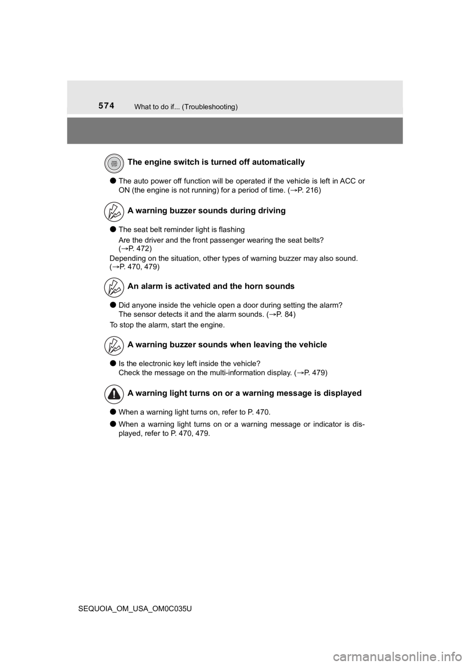 TOYOTA SEQUOIA 2021  Owners Manual (in English) 574What to do if... (Troubleshooting)
SEQUOIA_OM_USA_OM0C035U
●The auto power off function will be operated if the vehicle is left in ACC or
ON (the engine is not running) for a period of time. ( 