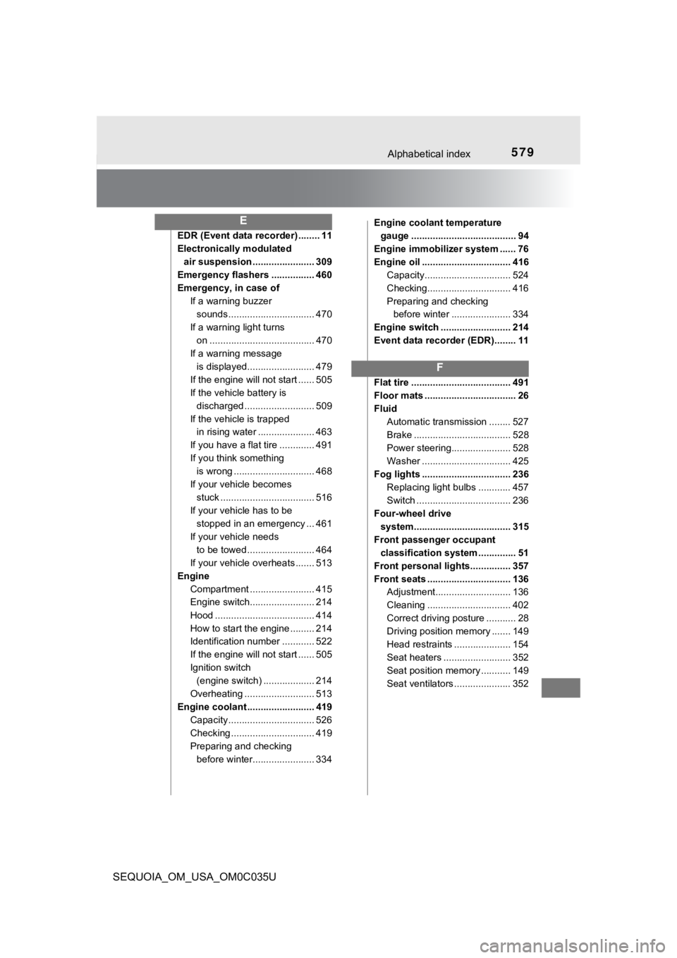 TOYOTA SEQUOIA 2021 Owners Manual (in English) 579Alphabetical index
SEQUOIA_OM_USA_OM0C035U
EDR (Event data recorder) ........ 11
Electronically modulated air suspension ....................... 309
Emergency flashers ................ 460
Emergenc TOYOTA SEQUOIA 2021 Owners Manual (in English) 579Alphabetical index
SEQUOIA_OM_USA_OM0C035U
EDR (Event data recorder) ........ 11
Electronically modulated air suspension ....................... 309
Emergency flashers ................ 460
Emergenc