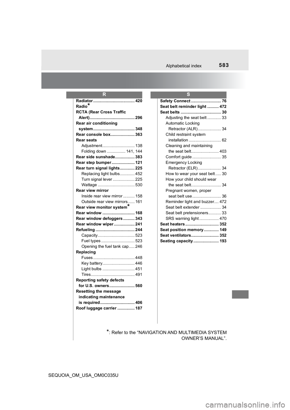 TOYOTA SEQUOIA 2021 Owners Manual (in English) 583Alphabetical index
SEQUOIA_OM_USA_OM0C035U
Radiator .................................... 420
Radio
*
RCTA (Rear Cross Traffic Alert) ....................................... 296
Rear air conditionin TOYOTA SEQUOIA 2021 Owners Manual (in English) 583Alphabetical index
SEQUOIA_OM_USA_OM0C035U
Radiator .................................... 420
Radio
*
RCTA (Rear Cross Traffic Alert) ....................................... 296
Rear air conditionin