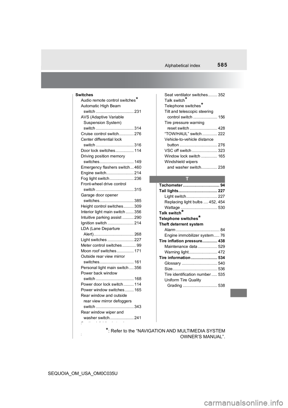 TOYOTA SEQUOIA 2021  Owners Manual (in English) 585Alphabetical index
SEQUOIA_OM_USA_OM0C035U
SwitchesAudio remote control switches
*
Automatic High Beam 
switch ................................. 231
AVS (Adaptive Variable 
Suspension System) 
swit