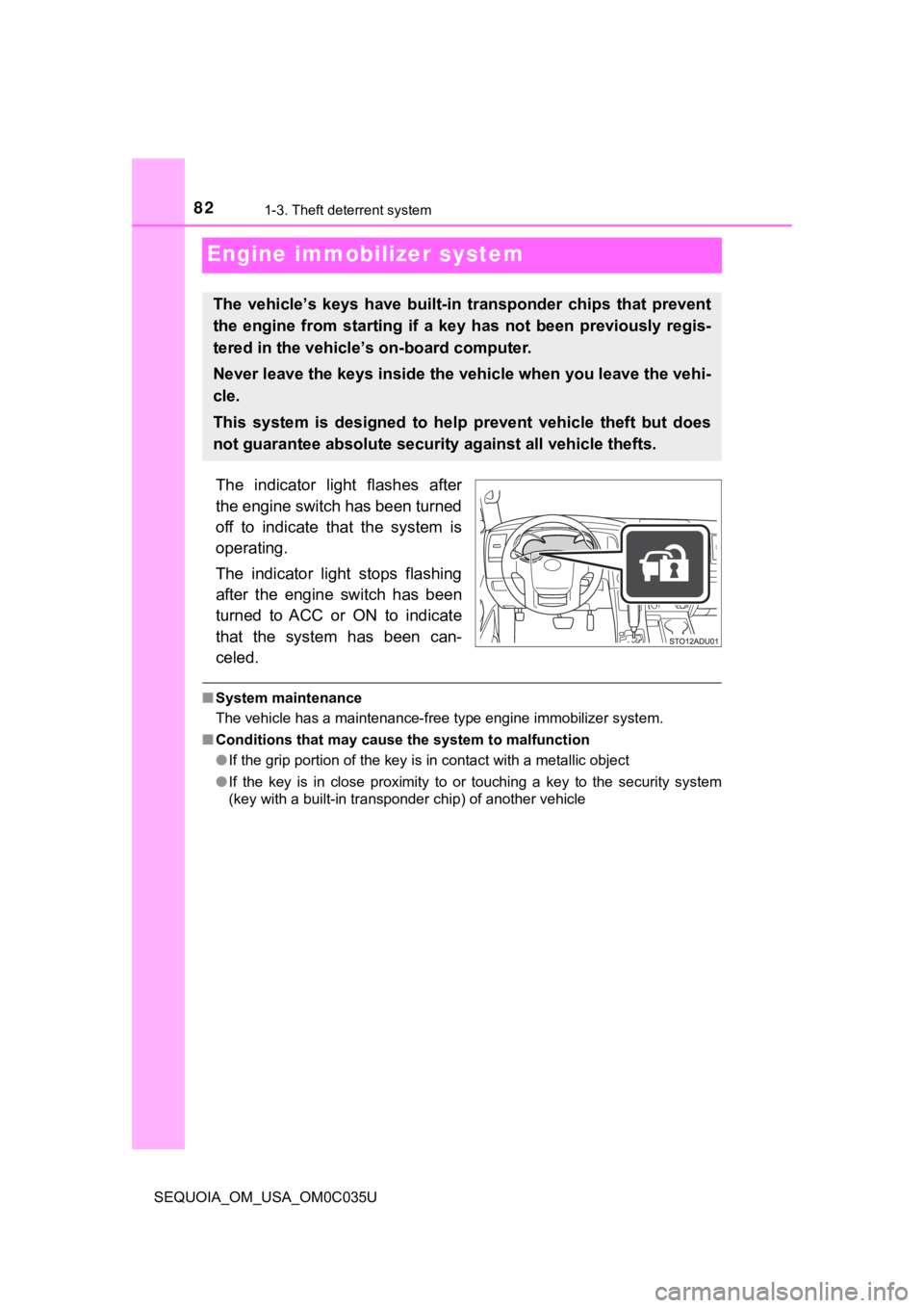 TOYOTA SEQUOIA 2021 Owners Manual (in English) 821-3. Theft deterrent system
SEQUOIA_OM_USA_OM0C035U
Engine immobilizer system
The indicator light flashes after
the engine switch has been turned
off to indicate that the system is
operati TOYOTA SEQUOIA 2021 Owners Manual (in English) 821-3. Theft deterrent system
SEQUOIA_OM_USA_OM0C035U
Engine immobilizer system
The indicator light flashes after
the engine switch has been turned
off to indicate that the system is
operati