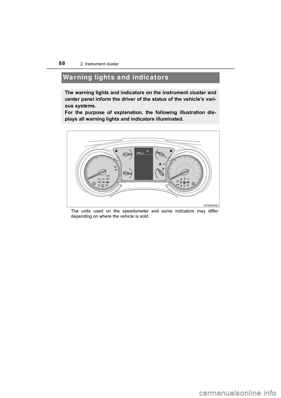 TOYOTA SEQUOIA 2021   (in English) Owners Manual 882. Instrument cluster
SEQUOIA_OM_USA_OM0C035U
Warning lights and indicators
The  units  used  on  the  speedometer  and  some  indicators  may  differ
depending on where the vehicle is sold.
The war