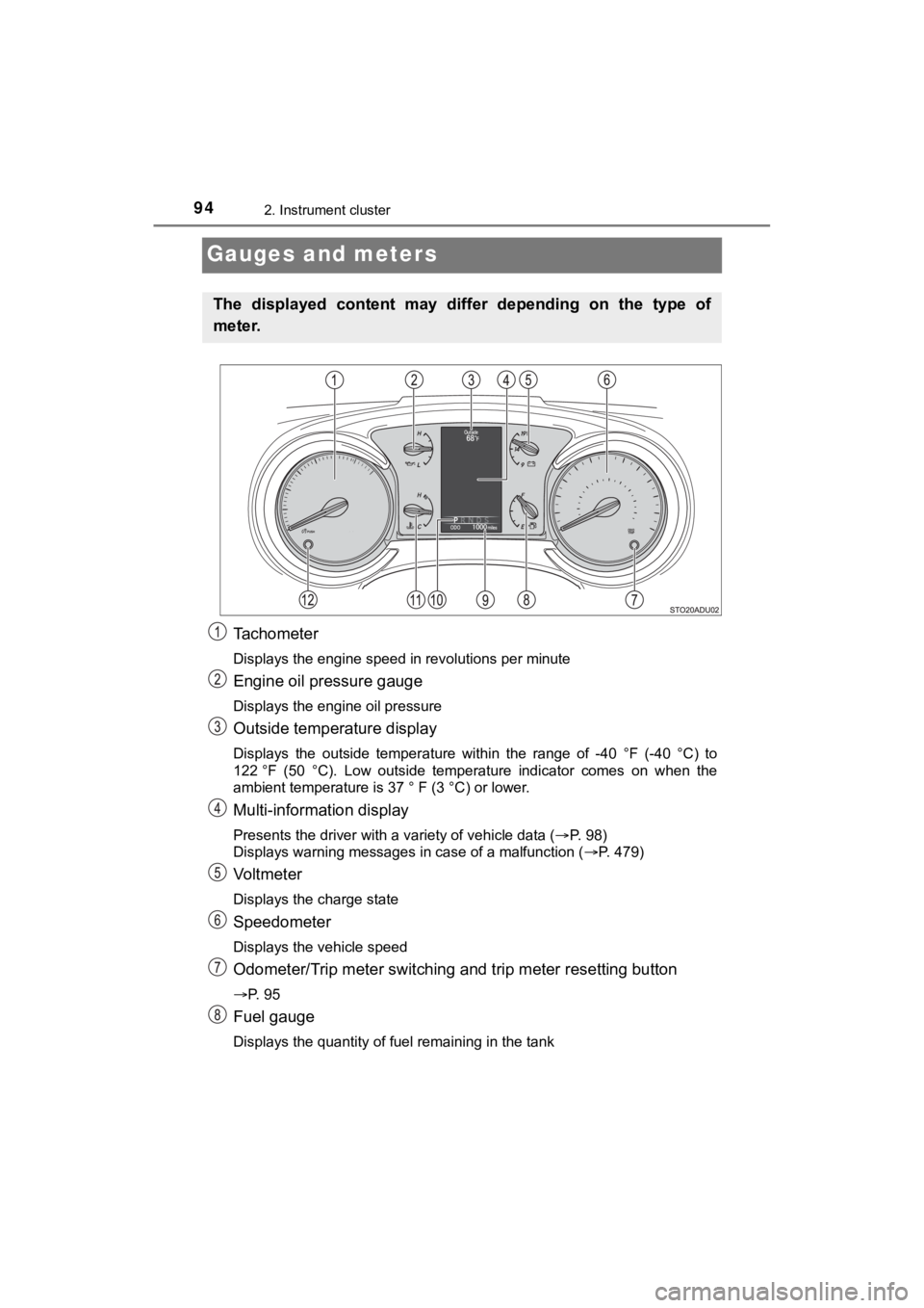 TOYOTA SEQUOIA 2021  Owners Manual (in English) 942. Instrument cluster
SEQUOIA_OM_USA_OM0C035U
Gauges and meters
Tachometer
Displays the engine speed in revolutions per minute
Engine oil pressure gauge
Displays the engine oil pressure
Outside temp