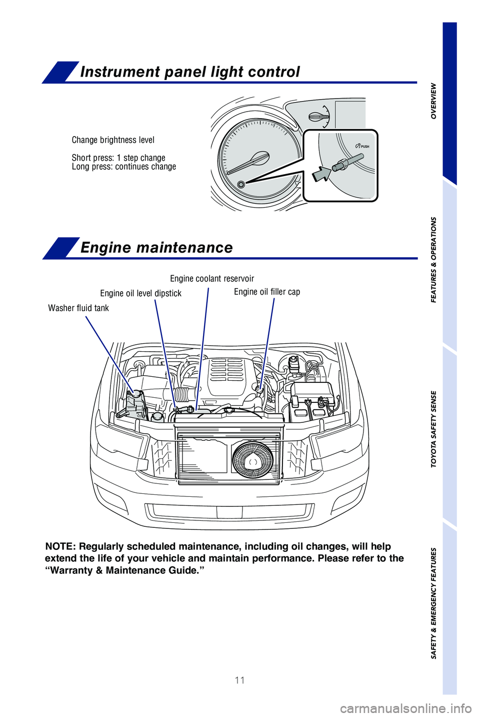TOYOTA SEQUOIA 2021 Owners Manual (in English) 11
NOTE: Regularly scheduled maintenance, including oil changes, will help
extend the life of your vehicle and maintain performance. Please refer to the
“Warranty & Maintenance Guide.”
Engine TOYOTA SEQUOIA 2021 Owners Manual (in English) 11
NOTE: Regularly scheduled maintenance, including oil changes, will help
extend the life of your vehicle and maintain performance. Please refer to the
“Warranty & Maintenance Guide.”
Engine