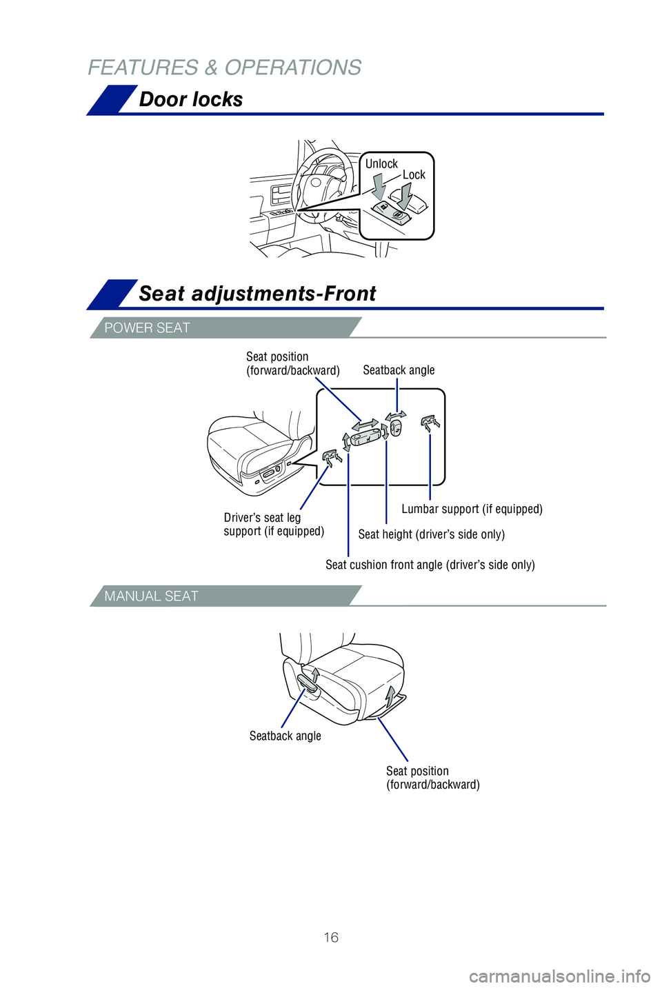 TOYOTA SEQUOIA 2021 Owners Manual (in English) 16
FEATURES & OPERATIONS
POWER SEAT
MANUAL SEAT
Seat adjustments-Front
Seat position
(forward/backward)
Seat position
(forward/backward)
Seatback angle Seatback angle
Seat height (driver’s side on TOYOTA SEQUOIA 2021 Owners Manual (in English) 16
FEATURES & OPERATIONS
POWER SEAT
MANUAL SEAT
Seat adjustments-Front
Seat position
(forward/backward)
Seat position
(forward/backward)
Seatback angle Seatback angle
Seat height (driver’s side on
