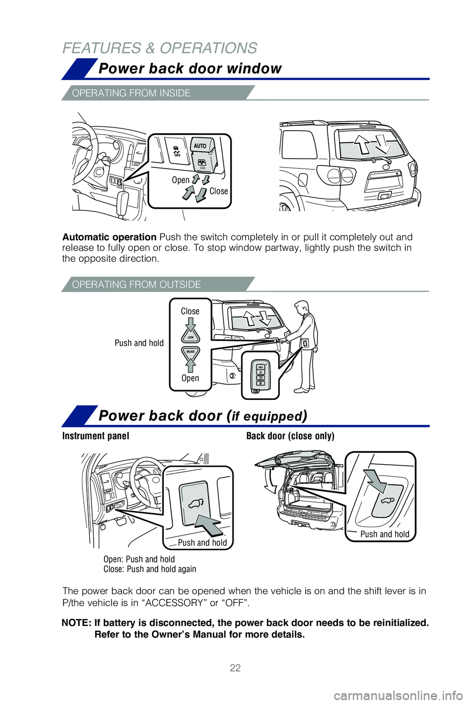 TOYOTA SEQUOIA 2021 (in English) Owners Manual 22
FEATURES & OPERATIONSPower back door window
Power back door (if equipped)
OPERATING FROM INSIDE
OPERATING FROM OUTSIDE
Automatic operation Push the switch completely in or pull it completely out a TOYOTA SEQUOIA 2021 (in English) Owners Manual 22
FEATURES & OPERATIONSPower back door window
Power back door (if equipped)
OPERATING FROM INSIDE
OPERATING FROM OUTSIDE
Automatic operation Push the switch completely in or pull it completely out a