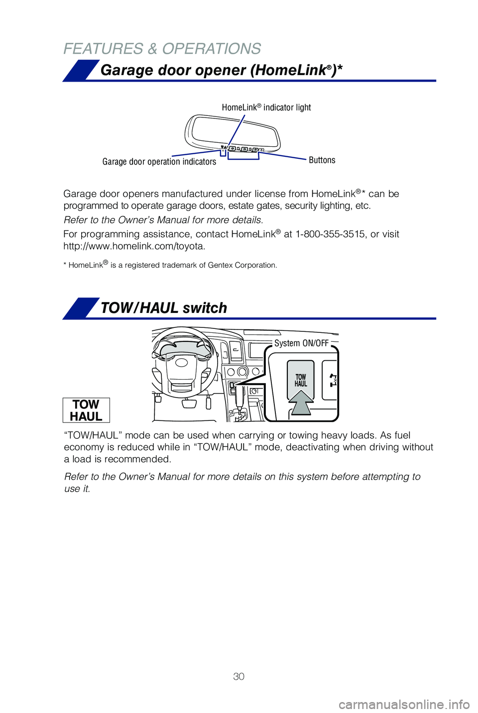 TOYOTA SEQUOIA 2021 Owners Manual (in English) 30
Garage door opener (HomeLink®)*
Garage door openers manufactured under license from HomeLink®* can be
programmed to operate garage doors, estate gates, security lighting, etc\
.
Refer to the Own TOYOTA SEQUOIA 2021 Owners Manual (in English) 30
Garage door opener (HomeLink®)*
Garage door openers manufactured under license from HomeLink®* can be
programmed to operate garage doors, estate gates, security lighting, etc\
.
Refer to the Own