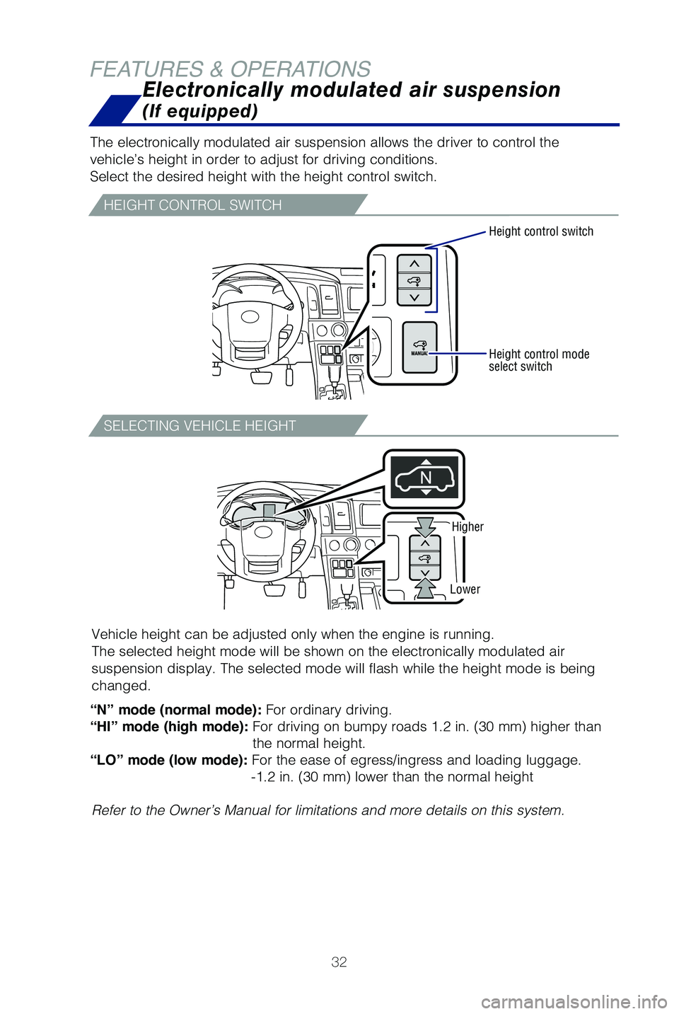 TOYOTA SEQUOIA 2021 Owners Manual (in English) 32
FEATURES & OPERATIONS
Electronically modulated air suspension
(If equipped)
The electronically modulated air suspension allows the driver to control\
the
vehicle’s height in order to adjust f TOYOTA SEQUOIA 2021 Owners Manual (in English) 32
FEATURES & OPERATIONS
Electronically modulated air suspension
(If equipped)
The electronically modulated air suspension allows the driver to control\
the
vehicle’s height in order to adjust f