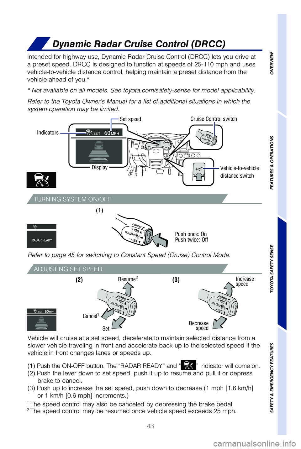 TOYOTA SEQUOIA 2021 (in English) Service Manual 43
OVERVIEW
FEATURES & OPERATIONS
TOYOTA SAFETY SENSE
SAFETY & EMERGENCY FEATURES
TURNING SYSTEM ON/OFF
ADJUSTING SET SPEED
Intended for highway use, Dynamic Radar Cruise Control (DRCC) lets you\
dri TOYOTA SEQUOIA 2021 (in English) Service Manual 43
OVERVIEW
FEATURES & OPERATIONS
TOYOTA SAFETY SENSE
SAFETY & EMERGENCY FEATURES
TURNING SYSTEM ON/OFF
ADJUSTING SET SPEED
Intended for highway use, Dynamic Radar Cruise Control (DRCC) lets you\
dri