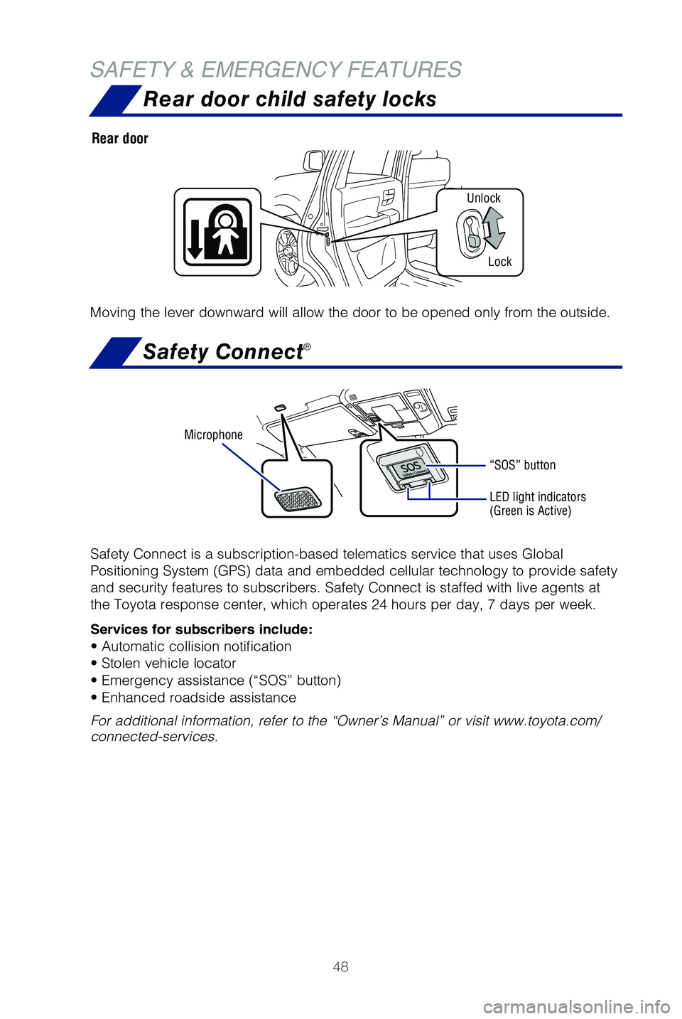 TOYOTA SEQUOIA 2021 Owners Manual (in English) 48
SAFETY & EMERGENCY FEATURESRear door child safety locks
Moving the lever downward will allow the door to be opened only from the\
outside.
Rear door
Unlock
Lock
Safety Connect®
Safety Connect is TOYOTA SEQUOIA 2021 Owners Manual (in English) 48
SAFETY & EMERGENCY FEATURESRear door child safety locks
Moving the lever downward will allow the door to be opened only from the\
outside.
Rear door
Unlock
Lock
Safety Connect®
Safety Connect is