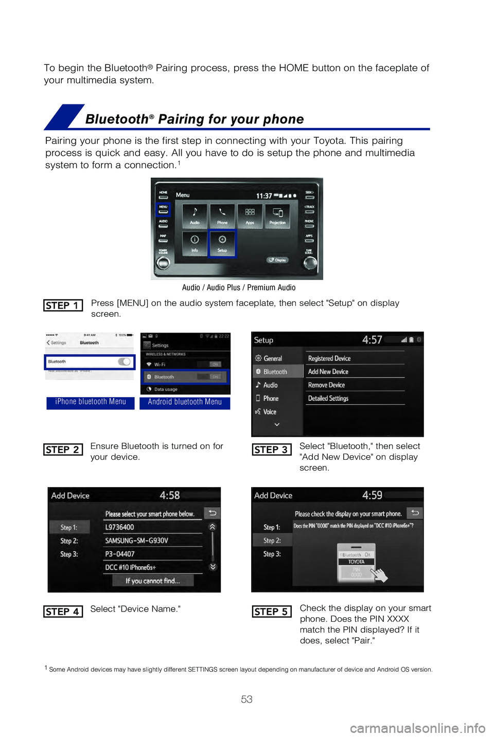 TOYOTA SEQUOIA 2021 Owners Manual (in English) 53
To begin the Bluetooth® Pairing process, press the HOME button on the faceplate of
your multimedia system.
Bluetooth® Pairing for your phone
Pairing your phone is the first step in connecting wi TOYOTA SEQUOIA 2021 Owners Manual (in English) 53
To begin the Bluetooth® Pairing process, press the HOME button on the faceplate of
your multimedia system.
Bluetooth® Pairing for your phone
Pairing your phone is the first step in connecting wi