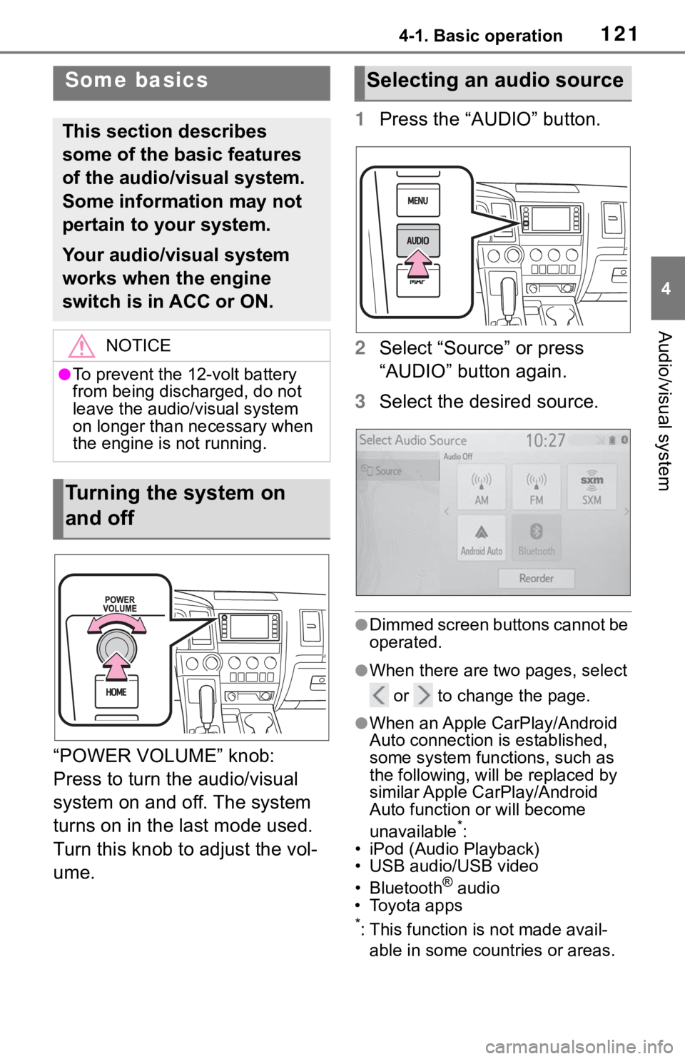 TOYOTA SEQUOIA 2021 Accessories, Audio & Navigation (in English) 1214-1. Basic operation
4
Audio/visual system
“POWER VOLUME” knob:
Press to turn the audio/visual
system on and off. The system
turns on in the last mode used.
Turn this knob to adjust the vol TOYOTA SEQUOIA 2021 Accessories, Audio & Navigation (in English) 1214-1. Basic operation
4
Audio/visual system
“POWER VOLUME” knob:
Press to turn the audio/visual
system on and off. The system
turns on in the last mode used.
Turn this knob to adjust the vol