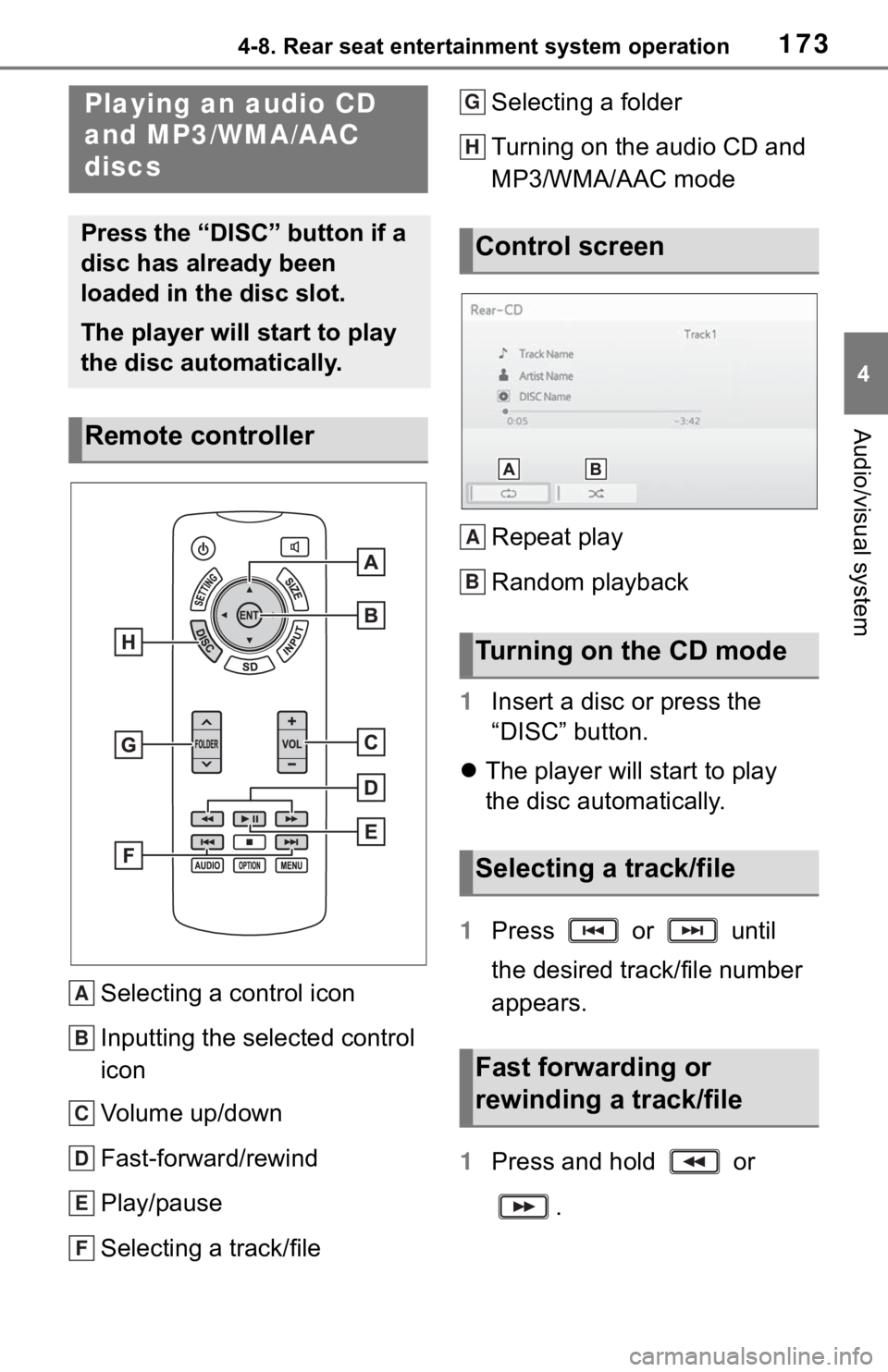 TOYOTA SEQUOIA 2021 Accessories, Audio & Navigation (in English) 1734-8. Rear seat entertainment system operation
4
Audio/visual system
Selecting a control icon
Inputting the selected control
icon
Volume up/down
Fast-forward/rewind
Play/pause
Selecting a track/fil TOYOTA SEQUOIA 2021 Accessories, Audio & Navigation (in English) 1734-8. Rear seat entertainment system operation
4
Audio/visual system
Selecting a control icon
Inputting the selected control
icon
Volume up/down
Fast-forward/rewind
Play/pause
Selecting a track/fil