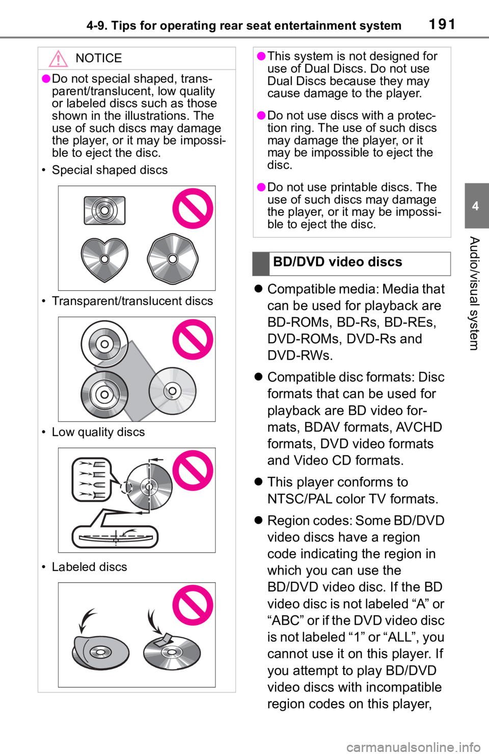 TOYOTA SEQUOIA 2021  Accessories, Audio & Navigation (in English) 1914-9. Tips for operating rear seat entertainment system
4
Audio/visual system
Compatible media: Media that 
can be used for playback are 
BD-ROMs, BD-Rs, BD-REs, 
DVD-ROMs, DVD-Rs and 
DVD-RWs.
