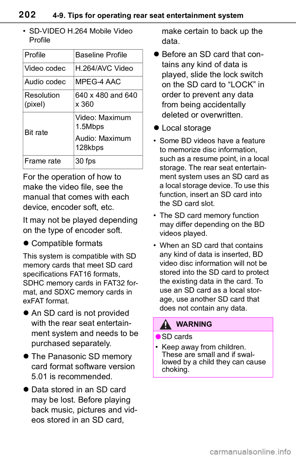 TOYOTA SEQUOIA 2021 Accessories, Audio & Navigation (in English) 2024-9. Tips for operating rear seat entertainment system
• SD-VIDEO H.264 Mobile Video Profile
For the operation of how to
make the video file, see the
manual that comes with each
device, encode TOYOTA SEQUOIA 2021 Accessories, Audio & Navigation (in English) 2024-9. Tips for operating rear seat entertainment system
• SD-VIDEO H.264 Mobile Video Profile
For the operation of how to
make the video file, see the
manual that comes with each
device, encode