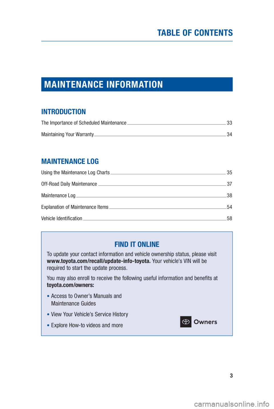 TOYOTA SEQUOIA 2021 Warranties & Maintenance Guides (in English) 3
TABLE OF CONTENTS
MAINTENANCE INFORMATION
INTRODUCTION
The Importance of Scheduled Maintenance 33
Maintaining Your Warranty
34
MAINTENANCE LOG
Using the Maintenance Log Charts 35
Off-Road Dail TOYOTA SEQUOIA 2021 Warranties & Maintenance Guides (in English) 3
TABLE OF CONTENTS
MAINTENANCE INFORMATION
INTRODUCTION
The Importance of Scheduled Maintenance 33
Maintaining Your Warranty
34
MAINTENANCE LOG
Using the Maintenance Log Charts 35
Off-Road Dail