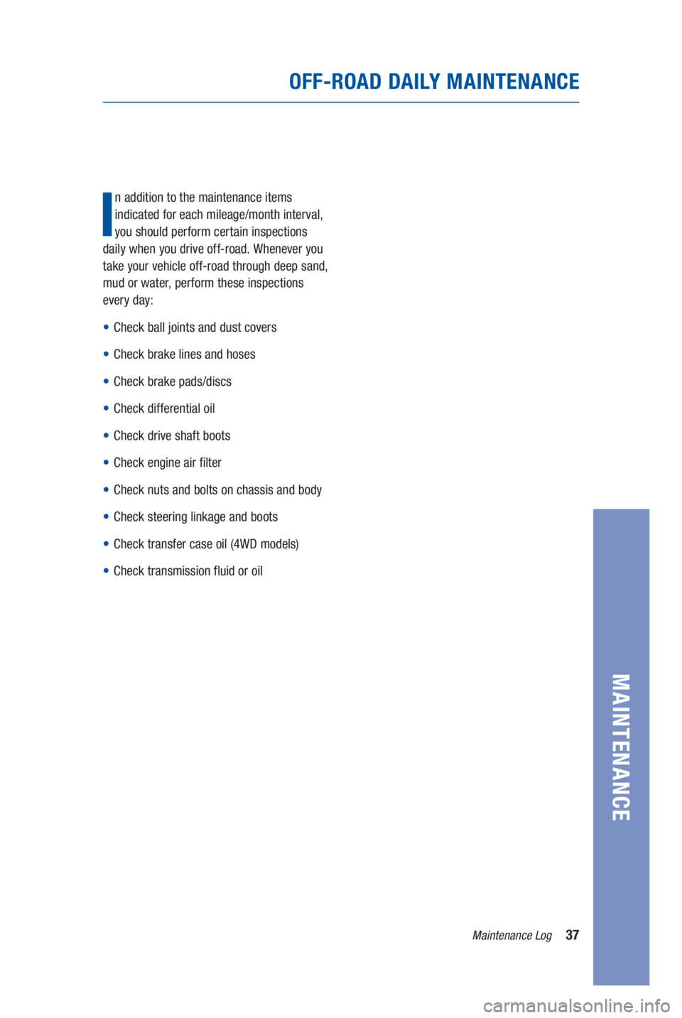 TOYOTA SEQUOIA 2021  Warranties & Maintenance Guides (in English) 37Maintenance Log
MAINTENANCE
I
n addition to the maintenance items 
indicated for each mileage/month interval, 
you should perform certain inspections 
daily when you drive off-road. Whenever you 
ta