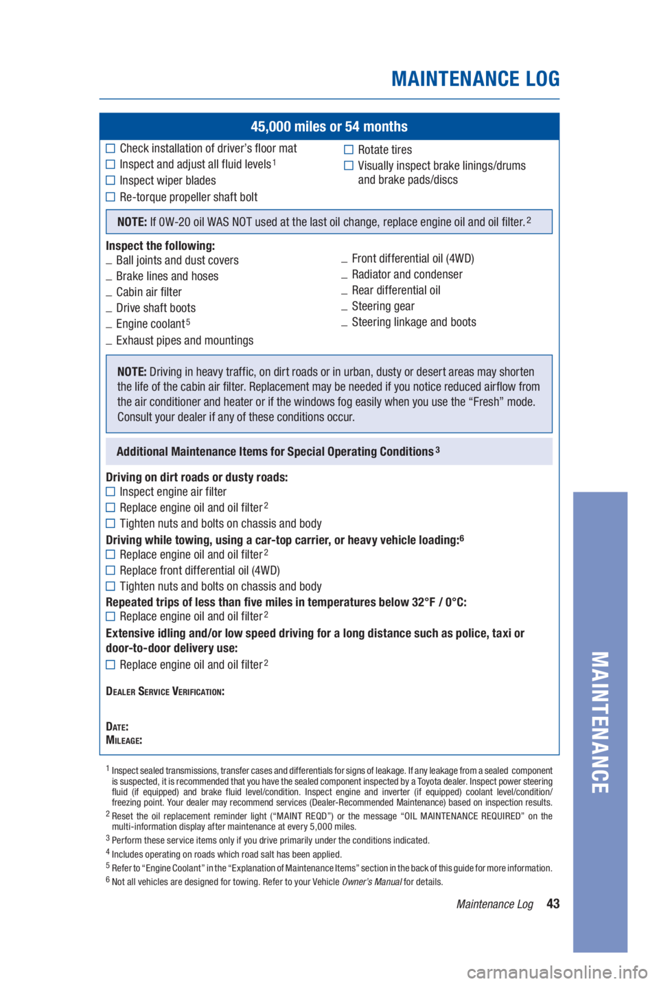 TOYOTA SEQUOIA 2021  Warranties & Maintenance Guides (in English) 43Maintenance Log
MAINTENANCE LOG
MAINTENANCE
45,000 miles or 54 months
Check installation of driver’s floor mat
Inspect and adjust all fluid levels1
Inspect wiper blades
Re-torque propeller shaft b