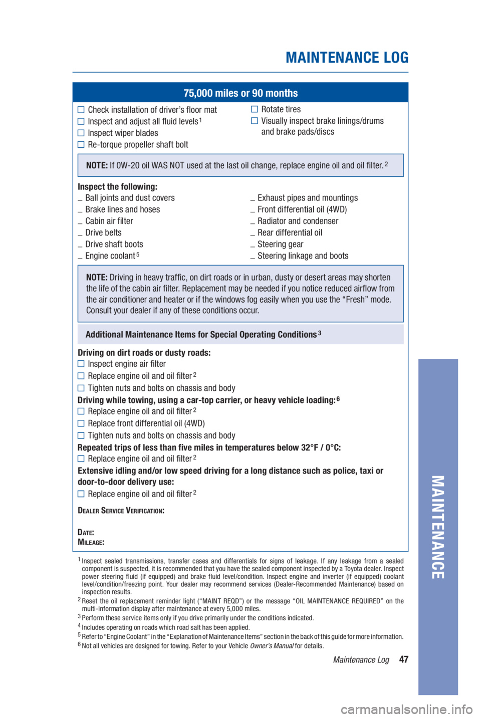 TOYOTA SEQUOIA 2021  Warranties & Maintenance Guides (in English) 47Maintenance Log
MAINTENANCE LOG
MAINTENANCE
75,000 miles or 90 months
Check installation of driver’s floor mat
Inspect and adjust all fluid levels1
Inspect wiper blades
Re-torque propeller shaft b