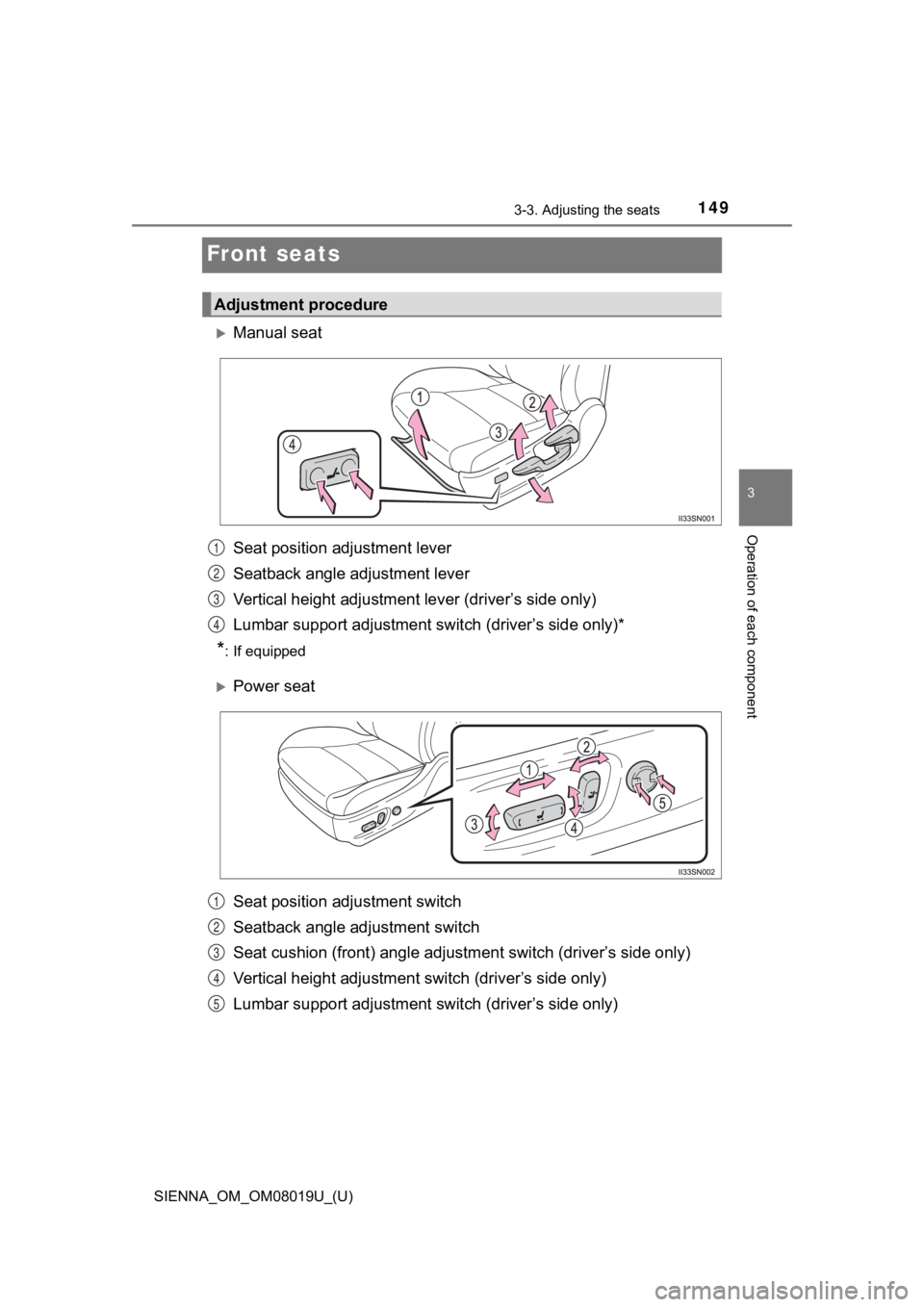 TOYOTA SIENNA 2018 Owners Manual (in English) 149
SIENNA_OM_OM08019U_(U)
3-3. Adjusting the seats
3
Operation of each component
Front seats
Manual seat
Seat position adjustment lever
Seatback angle adjustment lever
Vertical height adjustment TOYOTA SIENNA 2018 Owners Manual (in English) 149
SIENNA_OM_OM08019U_(U)
3-3. Adjusting the seats
3
Operation of each component
Front seats
Manual seat
Seat position adjustment lever
Seatback angle adjustment lever
Vertical height adjustment