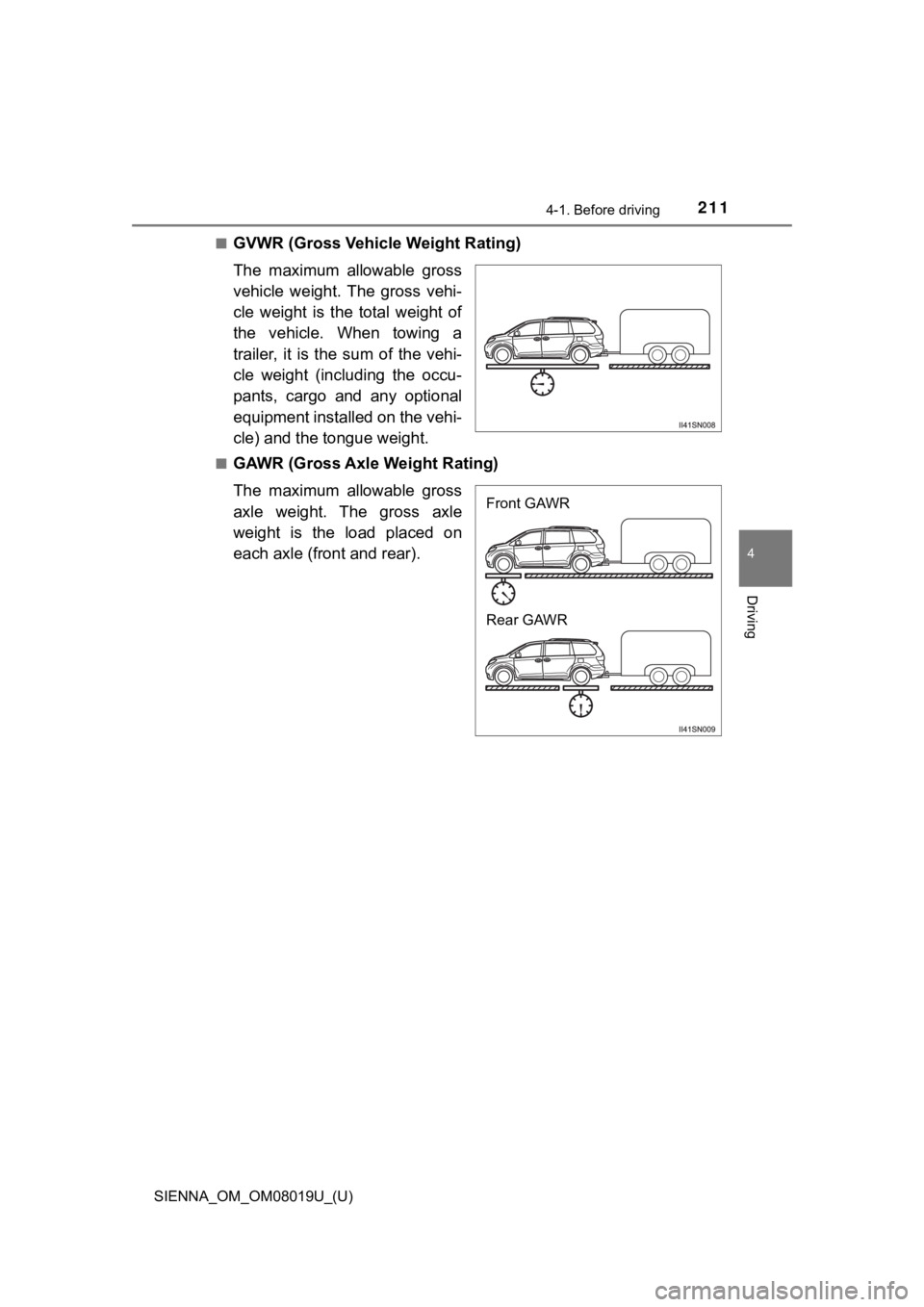 TOYOTA SIENNA 2018 Owners Manual (in English) SIENNA_OM_OM08019U_(U)
2114-1. Before driving
4
Driving
■GVWR (Gross Vehicle Weight Rating)
The maximum allowable gross
vehicle weight. The gross vehi-
cle weight is the total weight of TOYOTA SIENNA 2018 Owners Manual (in English) SIENNA_OM_OM08019U_(U)
2114-1. Before driving
4
Driving
■GVWR (Gross Vehicle Weight Rating)
The maximum allowable gross
vehicle weight. The gross vehi-
cle weight is the total weight of