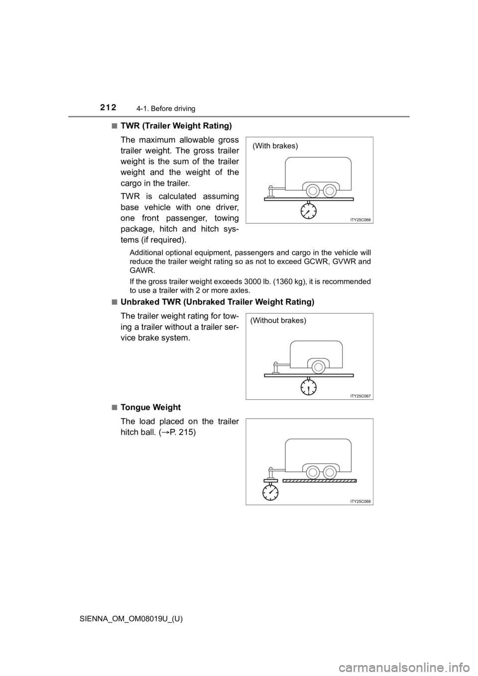 TOYOTA SIENNA 2018 Owners Manual (in English) 212
SIENNA_OM_OM08019U_(U)
4-1. Before driving
■TWR (Trailer Weight Rating)
The maximum allowable gross
trailer weight. The gross trailer
weight is the sum of the trailer
weight and t TOYOTA SIENNA 2018 Owners Manual (in English) 212
SIENNA_OM_OM08019U_(U)
4-1. Before driving
■TWR (Trailer Weight Rating)
The maximum allowable gross
trailer weight. The gross trailer
weight is the sum of the trailer
weight and t