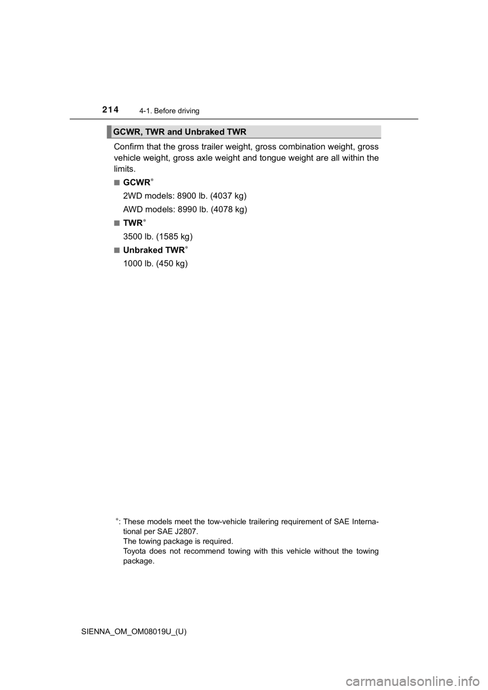 TOYOTA SIENNA 2018 Owners Manual (in English) 214
SIENNA_OM_OM08019U_(U)
4-1. Before driving
Confirm that the gross trailer weight, gross combination weight, gross
vehicle weight, gross axle weight and tongue weight are all within the
limits.
■ TOYOTA SIENNA 2018 Owners Manual (in English) 214
SIENNA_OM_OM08019U_(U)
4-1. Before driving
Confirm that the gross trailer weight, gross combination weight, gross
vehicle weight, gross axle weight and tongue weight are all within the
limits.
■