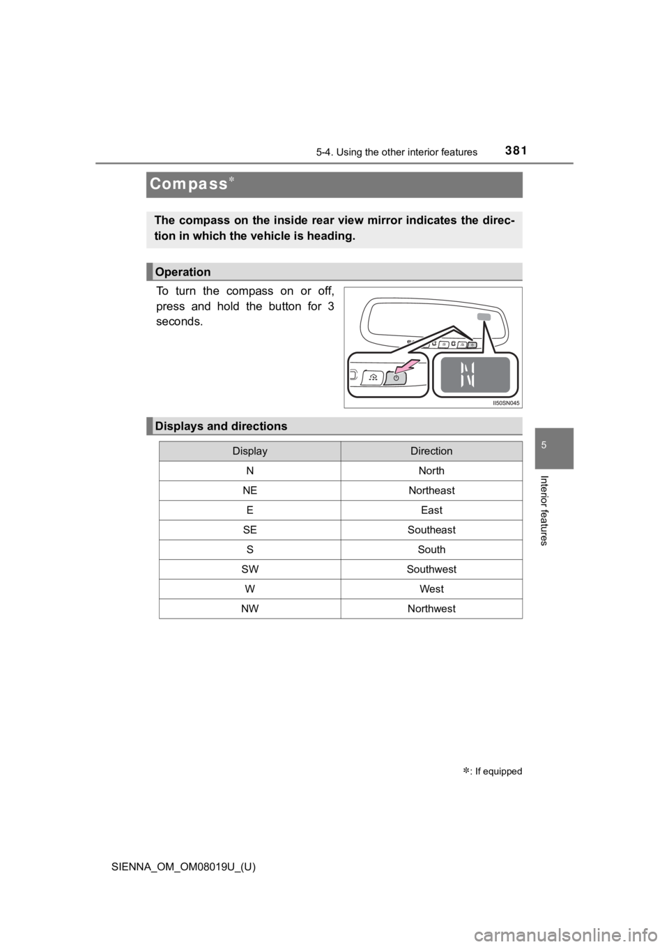 TOYOTA SIENNA 2018  Owners Manual (in English) 381
SIENNA_OM_OM08019U_(U)
5-4. Using the other interior features
5
Interior features
Compass
To  turn  the  compass  on  or  off,
press  and  hold  the  button  for  3
seconds.
: If equipped
Th