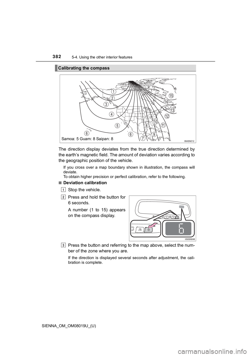 TOYOTA SIENNA 2018  Owners Manual (in English) 382
SIENNA_OM_OM08019U_(U)
5-4. Using the other interior features
The  direction  display  deviates  from  the  true  direction  determin ed  by
the earth’s magnetic field. The  amount of deviation 
