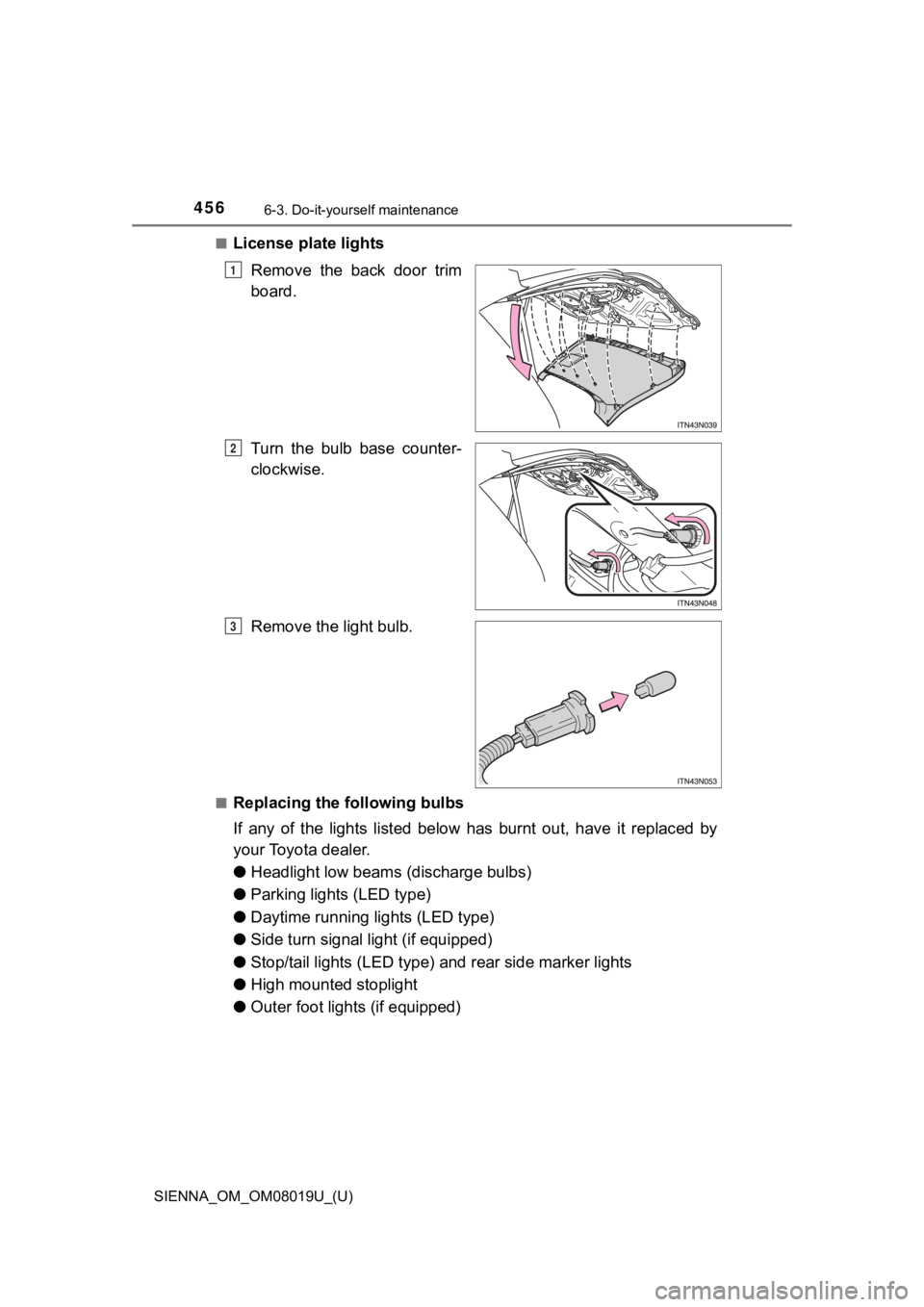 TOYOTA SIENNA 2018  Owners Manual (in English) 456
SIENNA_OM_OM08019U_(U)
6-3. Do-it-yourself maintenance
■License plate lightsRemove  the  back  door  trim
board.
Turn  the  bulb  base  counter-
clockwise.
Remove the light bulb.
■Replacing th