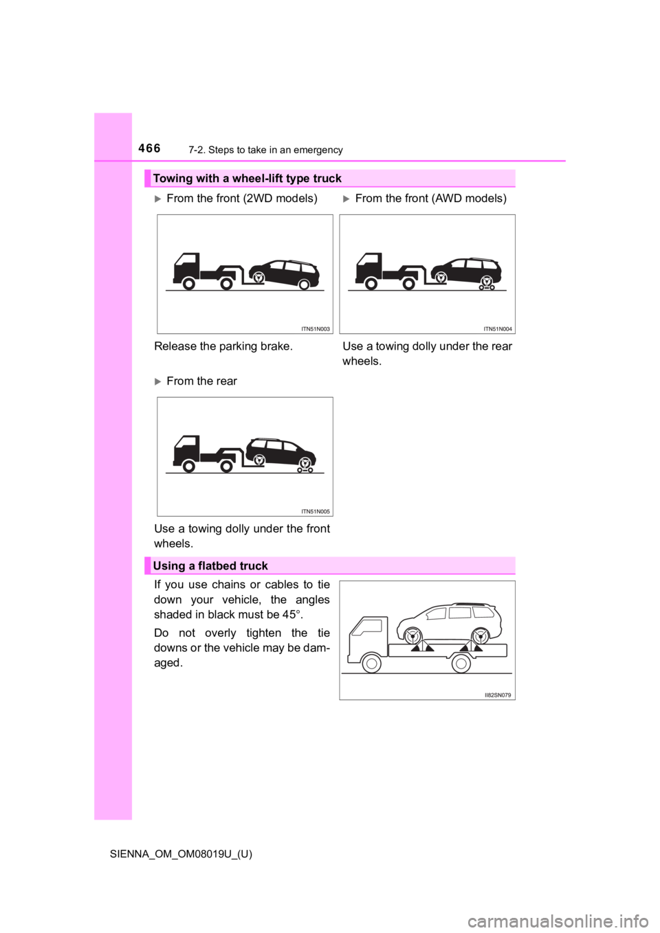 TOYOTA SIENNA 2018  Owners Manual (in English) 4667-2. Steps to take in an emergency
SIENNA_OM_OM08019U_(U)
If  you  use  chains  or  cables  to  tie
down  your  vehicle,  the  angles
shaded in black must be 45.
Do  not  overly  tighten  the  t