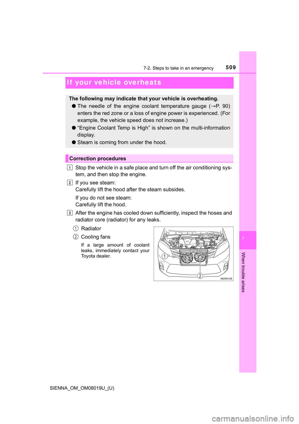 TOYOTA SIENNA 2018 Owners Manual (in English) 509
SIENNA_OM_OM08019U_(U)
7-2. Steps to take in an emergency
7
When trouble arises
If your vehicle overheats
Stop the vehicle in a safe place and turn off the air conditioning sys-
tem, and then sto TOYOTA SIENNA 2018 Owners Manual (in English) 509
SIENNA_OM_OM08019U_(U)
7-2. Steps to take in an emergency
7
When trouble arises
If your vehicle overheats
Stop the vehicle in a safe place and turn off the air conditioning sys-
tem, and then sto