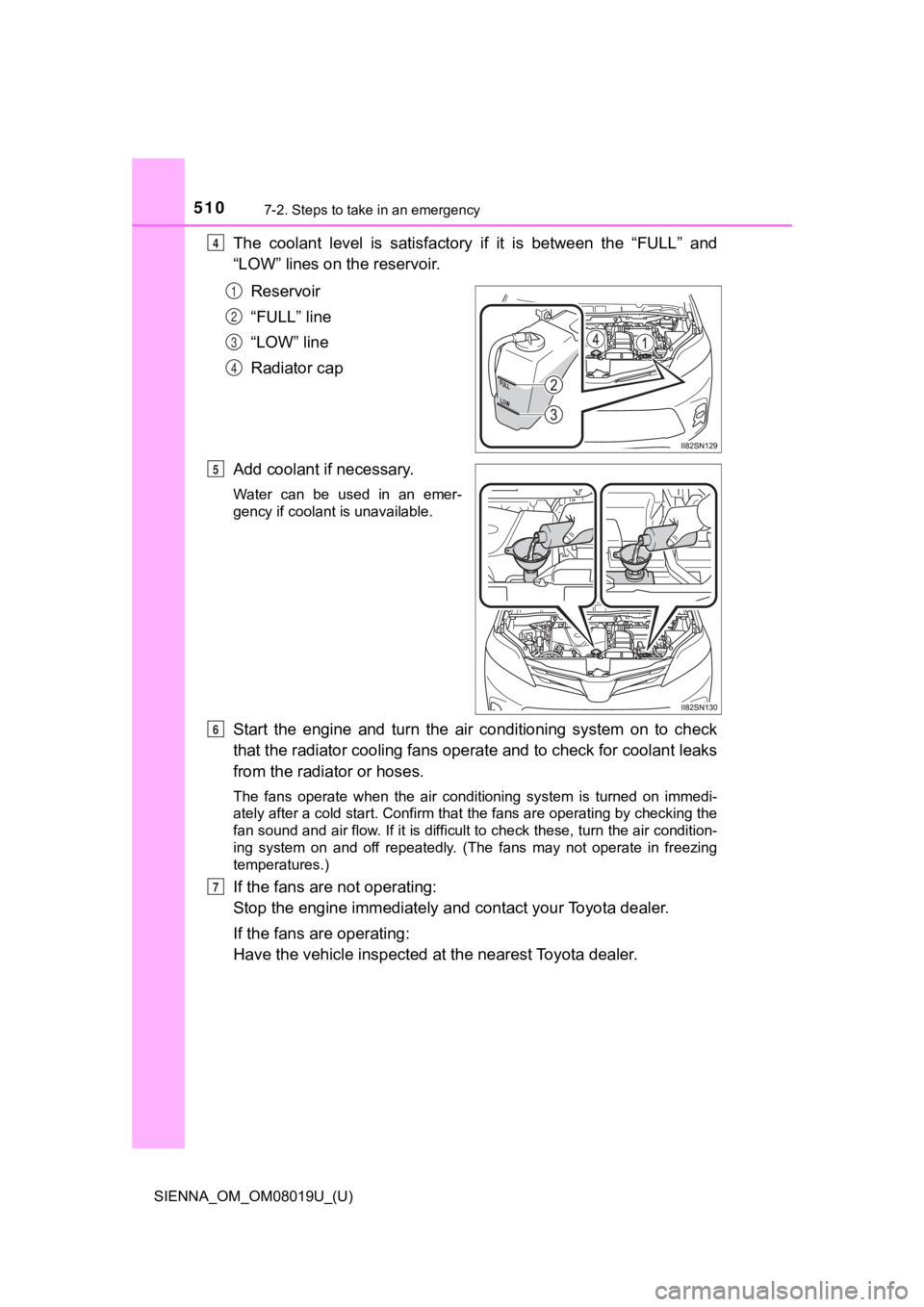 TOYOTA SIENNA 2018 Owners Manual (in English) 5107-2. Steps to take in an emergency
SIENNA_OM_OM08019U_(U)
The coolant level is satisfactory if it is between the “FULL” and
“LOW” lines on the reservoir.
Reservoir
“FULL” lin TOYOTA SIENNA 2018 Owners Manual (in English) 5107-2. Steps to take in an emergency
SIENNA_OM_OM08019U_(U)
The coolant level is satisfactory if it is between the “FULL” and
“LOW” lines on the reservoir.
Reservoir
“FULL” lin