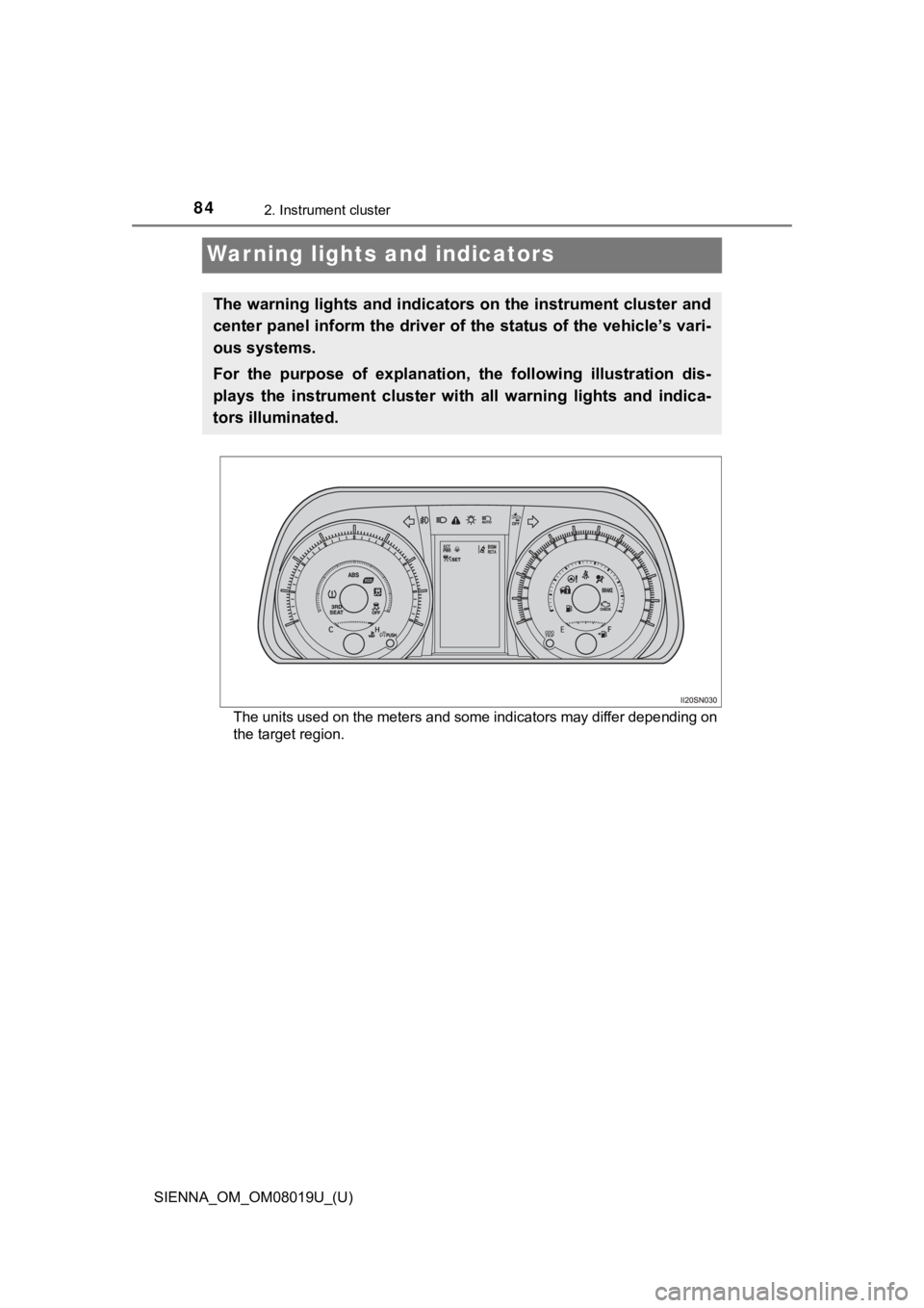TOYOTA SIENNA 2018 (in English) Manual Online 84
SIENNA_OM_OM08019U_(U)
2. Instrument cluster
Warning lights and indicators
The units used on the meters and some indicators may differ depending on
the target region.
The warning lights and indicat TOYOTA SIENNA 2018 (in English) Manual Online 84
SIENNA_OM_OM08019U_(U)
2. Instrument cluster
Warning lights and indicators
The units used on the meters and some indicators may differ depending on
the target region.
The warning lights and indicat