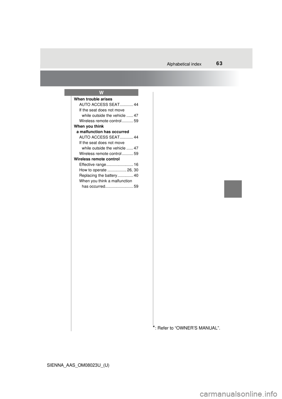 TOYOTA SIENNA 2018   (in English) Repair Manual 63Alphabetical index
SIENNA_AAS_OM08023U_(U)
When trouble arisesAUTO ACCESS SEAT............ 44
If the seat does not move 
while outside the vehicle ...... 47
Wireless remote control .......... 59
Whe