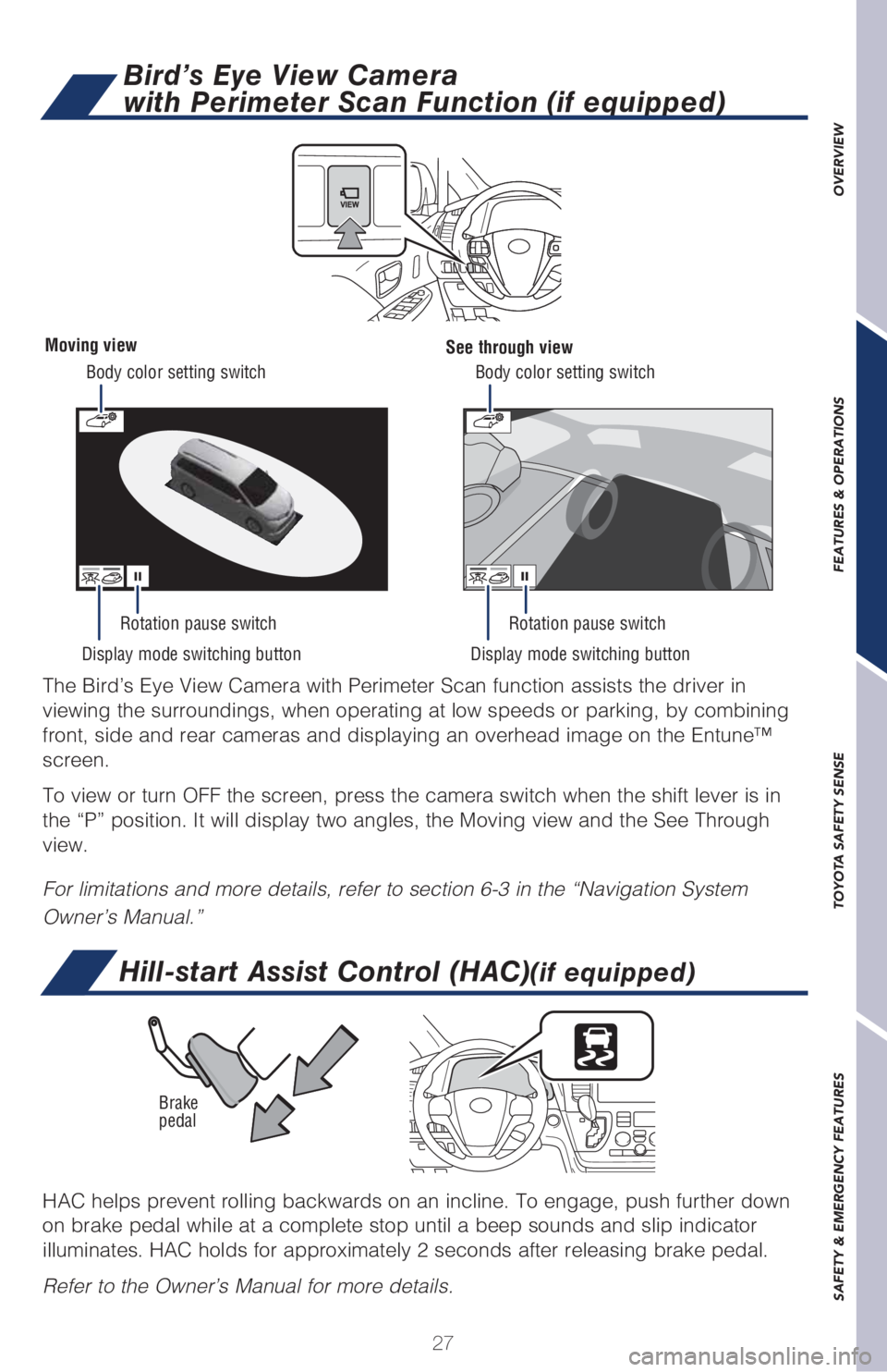 TOYOTA SIENNA 2018 (in English) Owners Manual 27
OVERVIEW FEATURES & OPERATIONS TOYOTA SAFETY SENSE SAFETY & EMERGENCY FEATURES
The Bird’s Eye View Camera with Perimeter Scan function assists the driver in
viewing the surroundings, when operati TOYOTA SIENNA 2018 (in English) Owners Manual 27
OVERVIEW FEATURES & OPERATIONS TOYOTA SAFETY SENSE SAFETY & EMERGENCY FEATURES
The Bird’s Eye View Camera with Perimeter Scan function assists the driver in
viewing the surroundings, when operati