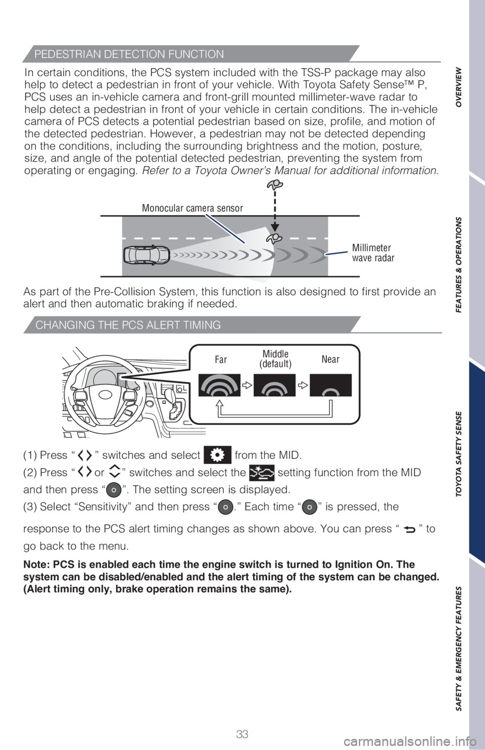 TOYOTA SIENNA 2018 (in English) Owners Guide 33
OVERVIEW FEATURES & OPERATIONS TOYOTA SAFETY SENSE SAFETY & EMERGENCY FEATURES
CHANGING THE PCS ALERT TIMING
FarMiddle
(default)Near
(1) Press “” switches and select from the MID.
(2) Press TOYOTA SIENNA 2018 (in English) Owners Guide 33
OVERVIEW FEATURES & OPERATIONS TOYOTA SAFETY SENSE SAFETY & EMERGENCY FEATURES
CHANGING THE PCS ALERT TIMING
FarMiddle
(default)Near
(1) Press “” switches and select from the MID.
(2) Press