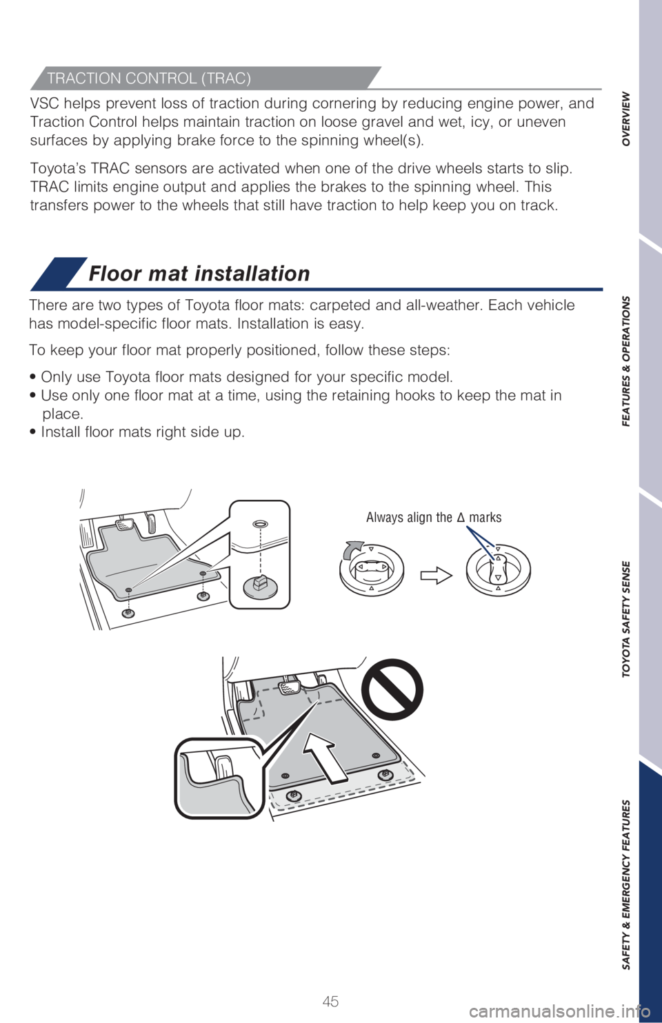 TOYOTA SIENNA 2018 (in English) Service Manual 45
OVERVIEW FEATURES & OPERATIONS TOYOTA SAFETY SENSE SAFETY & EMERGENCY FEATURES
Floor mat installation
TRACTION CONTROL (TRAC)
VSC helps prevent loss of traction during cornering by reducing engine TOYOTA SIENNA 2018 (in English) Service Manual 45
OVERVIEW FEATURES & OPERATIONS TOYOTA SAFETY SENSE SAFETY & EMERGENCY FEATURES
Floor mat installation
TRACTION CONTROL (TRAC)
VSC helps prevent loss of traction during cornering by reducing engine