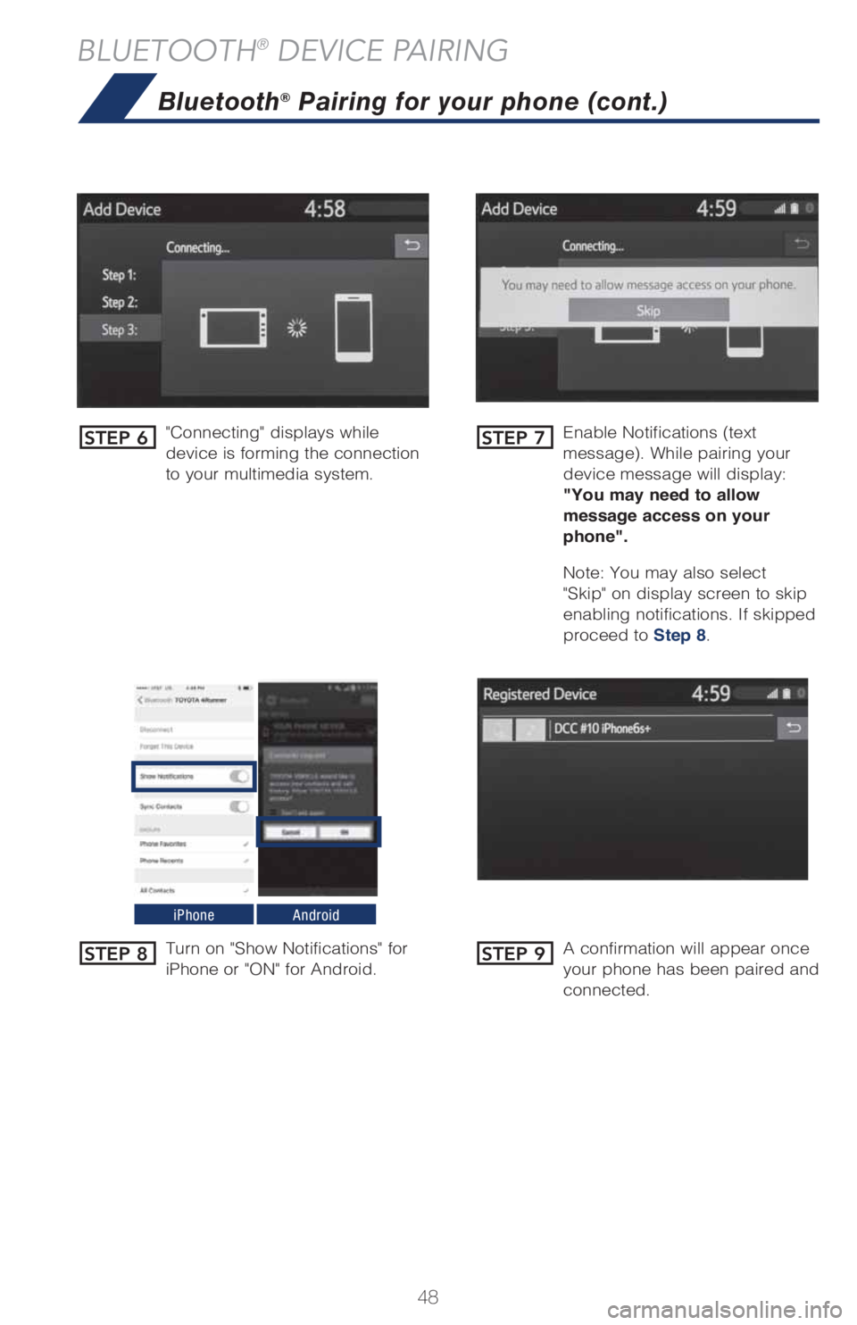 TOYOTA SIENNA 2018 (in English) Service Manual 48
BLUETOOTH® DEVICE PAIRING
"Connecting" displays while
device is forming the connection
to your multimedia system.Enable Notifications (text
message). While pairing your
device message will dis TOYOTA SIENNA 2018 (in English) Service Manual 48
BLUETOOTH® DEVICE PAIRING
"Connecting" displays while
device is forming the connection
to your multimedia system.Enable Notifications (text
message). While pairing your
device message will dis
