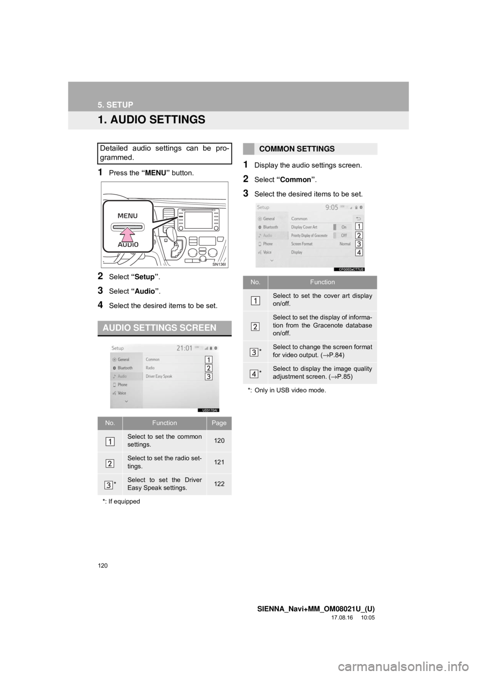 TOYOTA SIENNA 2018 Accessories, Audio & Navigation (in English) 120
SIENNA_Navi+MM_OM08021U_(U)
17.08.16 10:05
5. SETUP
1. AUDIO SETTINGS
1Press the “MENU” button.
2Select “Setup” .
3Select “Audio” .
4Select the desired items to be set.
1Display th TOYOTA SIENNA 2018 Accessories, Audio & Navigation (in English) 120
SIENNA_Navi+MM_OM08021U_(U)
17.08.16 10:05
5. SETUP
1. AUDIO SETTINGS
1Press the “MENU” button.
2Select “Setup” .
3Select “Audio” .
4Select the desired items to be set.
1Display th