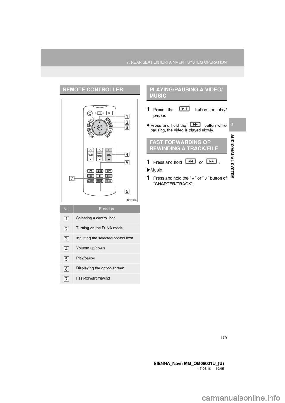TOYOTA SIENNA 2018  Accessories, Audio & Navigation (in English) 179
7. REAR SEAT ENTERTAINMENT SYSTEM OPERATION
SIENNA_Navi+MM_OM08021U_(U)
17.08.16     10:05
AUDIO/VISUAL SYSTEM
3
1Press the   button to play/
pause.
Press and hold the   button while
pausing, t