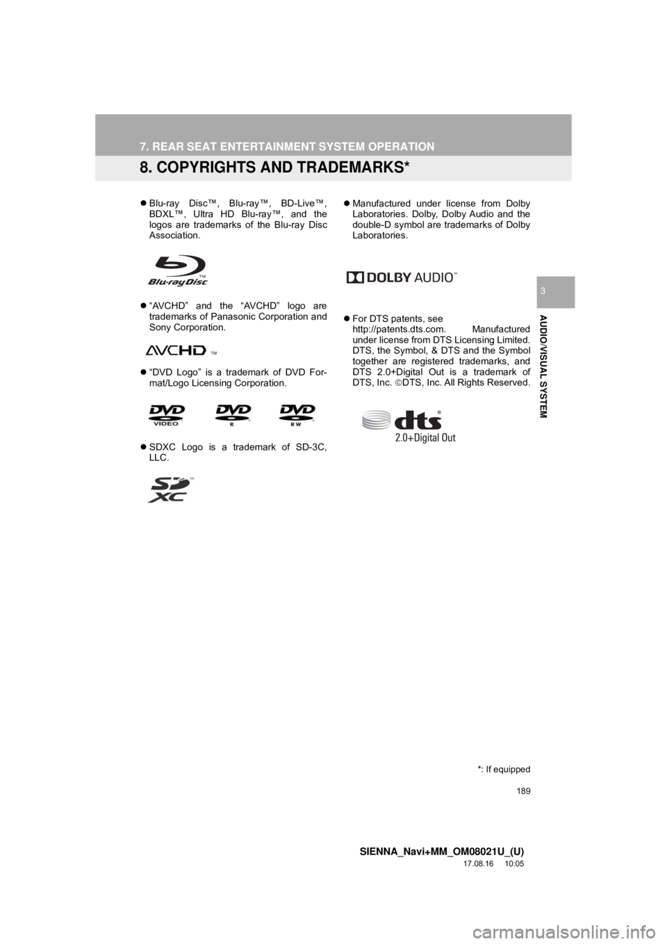 TOYOTA SIENNA 2018  Accessories, Audio & Navigation (in English) 189
7. REAR SEAT ENTERTAINMENT SYSTEM OPERATION
SIENNA_Navi+MM_OM08021U_(U)
17.08.16     10:05
AUDIO/VISUAL SYSTEM
3
8. COPYRIGHTS AND TRADEMARKS*
Blu-ray Disc™, Blu-ray™, BD-Live™,
BDXL™, 