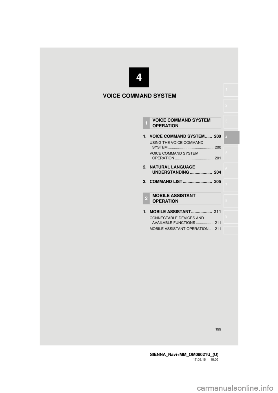 TOYOTA SIENNA 2018 Accessories, Audio & Navigation (in English) 4
199
SIENNA_Navi+MM_OM08021U_(U)
17.08.16 10:05
1
2
3
4
5
6
7
8
9
1. VOICE COMMAND SYSTEM ...... 200
USING THE VOICE COMMAND SYSTEM ............................................ 200
VOICE COMMA TOYOTA SIENNA 2018 Accessories, Audio & Navigation (in English) 4
199
SIENNA_Navi+MM_OM08021U_(U)
17.08.16 10:05
1
2
3
4
5
6
7
8
9
1. VOICE COMMAND SYSTEM ...... 200
USING THE VOICE COMMAND SYSTEM ............................................ 200
VOICE COMMA