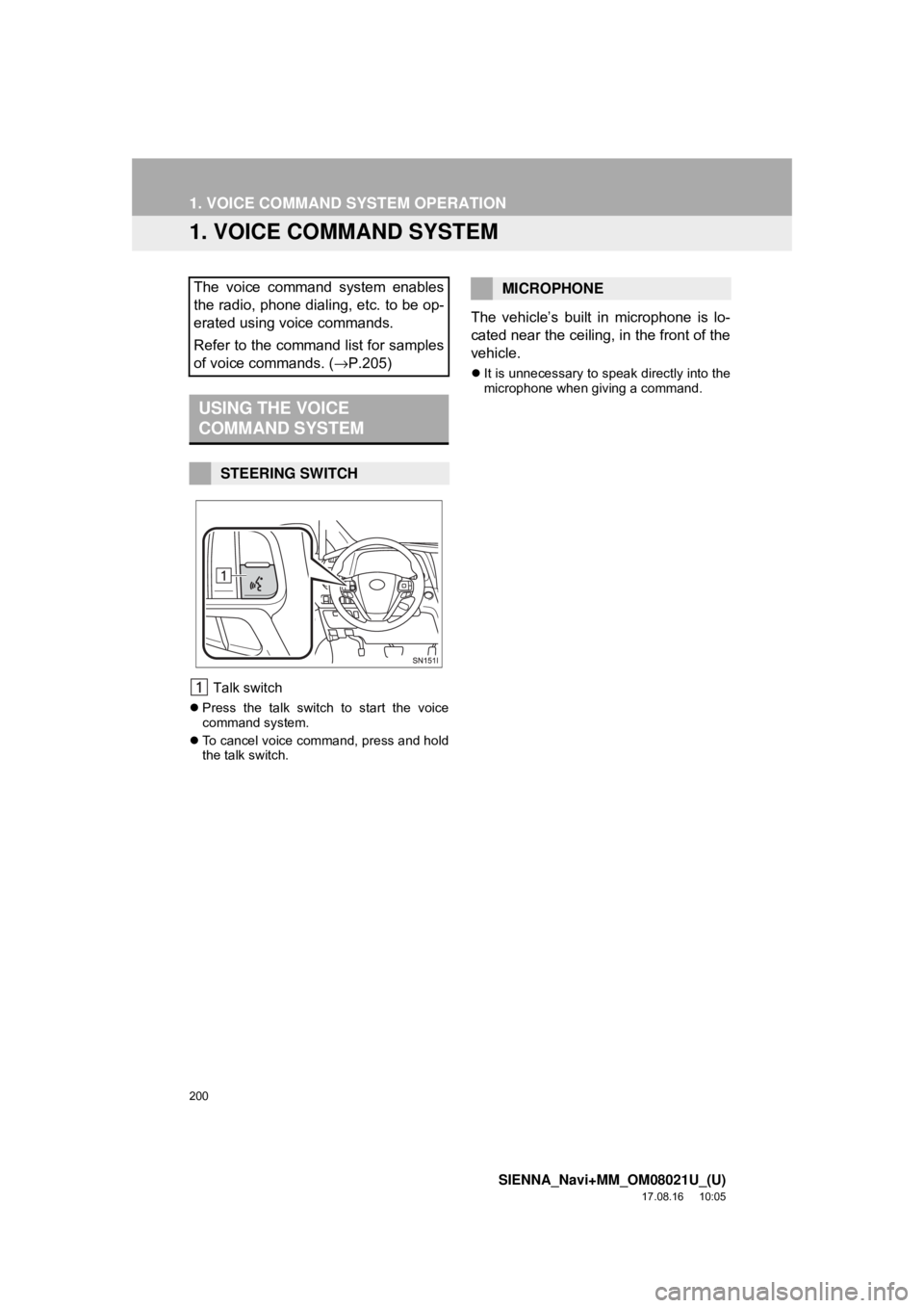 TOYOTA SIENNA 2018 Accessories, Audio & Navigation (in English) 200
SIENNA_Navi+MM_OM08021U_(U)
17.08.16 10:05
1. VOICE COMMAND SYSTEM OPERATION
1. VOICE COMMAND SYSTEM
Talk switch
Press the talk switch to start the voice
command system.
To cancel voic TOYOTA SIENNA 2018 Accessories, Audio & Navigation (in English) 200
SIENNA_Navi+MM_OM08021U_(U)
17.08.16 10:05
1. VOICE COMMAND SYSTEM OPERATION
1. VOICE COMMAND SYSTEM
Talk switch
Press the talk switch to start the voice
command system.
To cancel voic